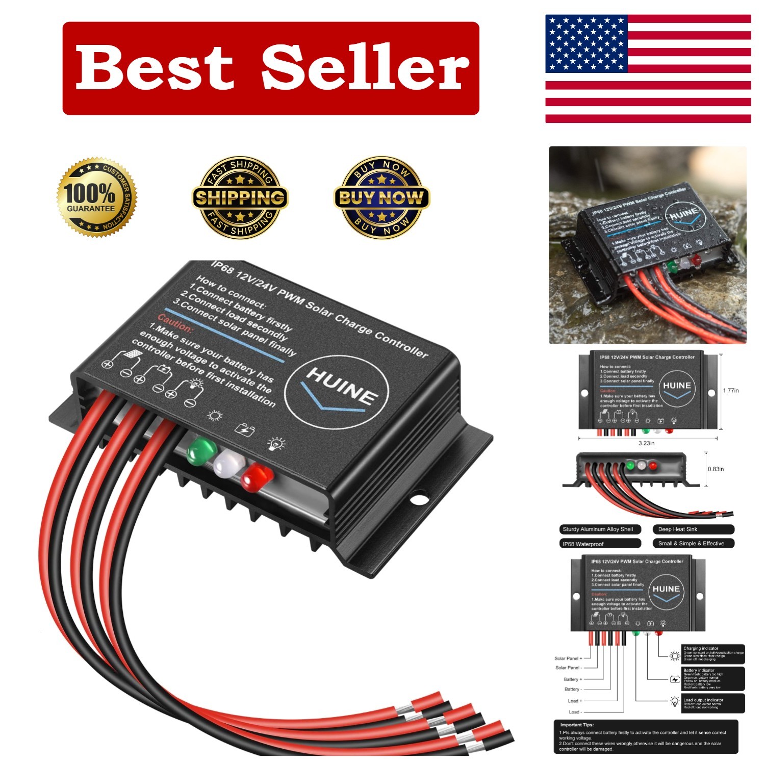 Durable 20A Waterproof Solar Charge Controller with Automatic Voltage Detection