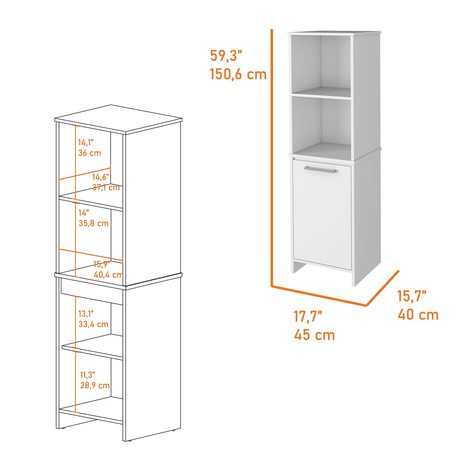 Eiffel Kitchen Pantry, Two External Shelves, Single Door Cabinet, Two Interior