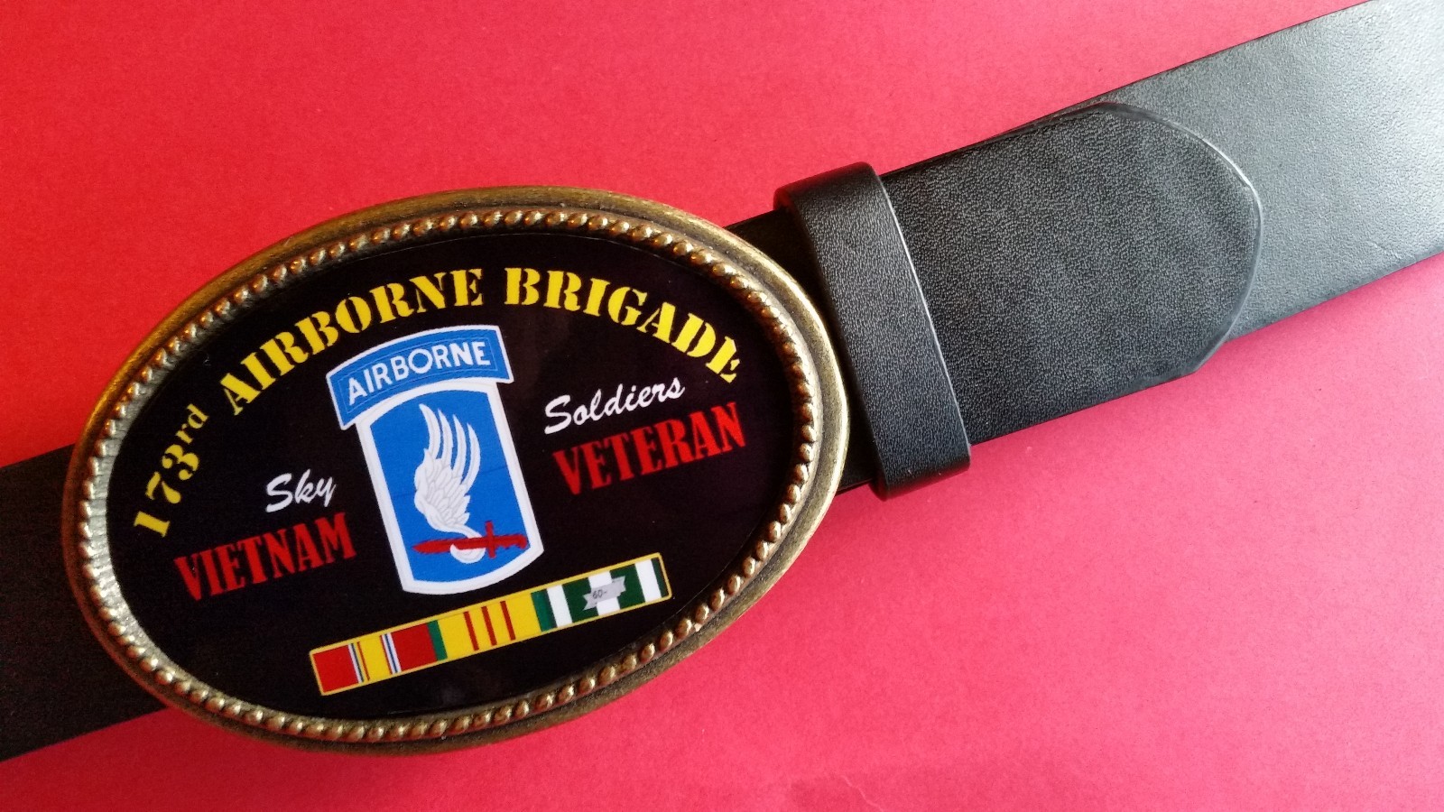 Vietnam Veteran 173rd AIRBORNE BRIGADE  Epoxy Buckle & Black Bonded Leather Belt