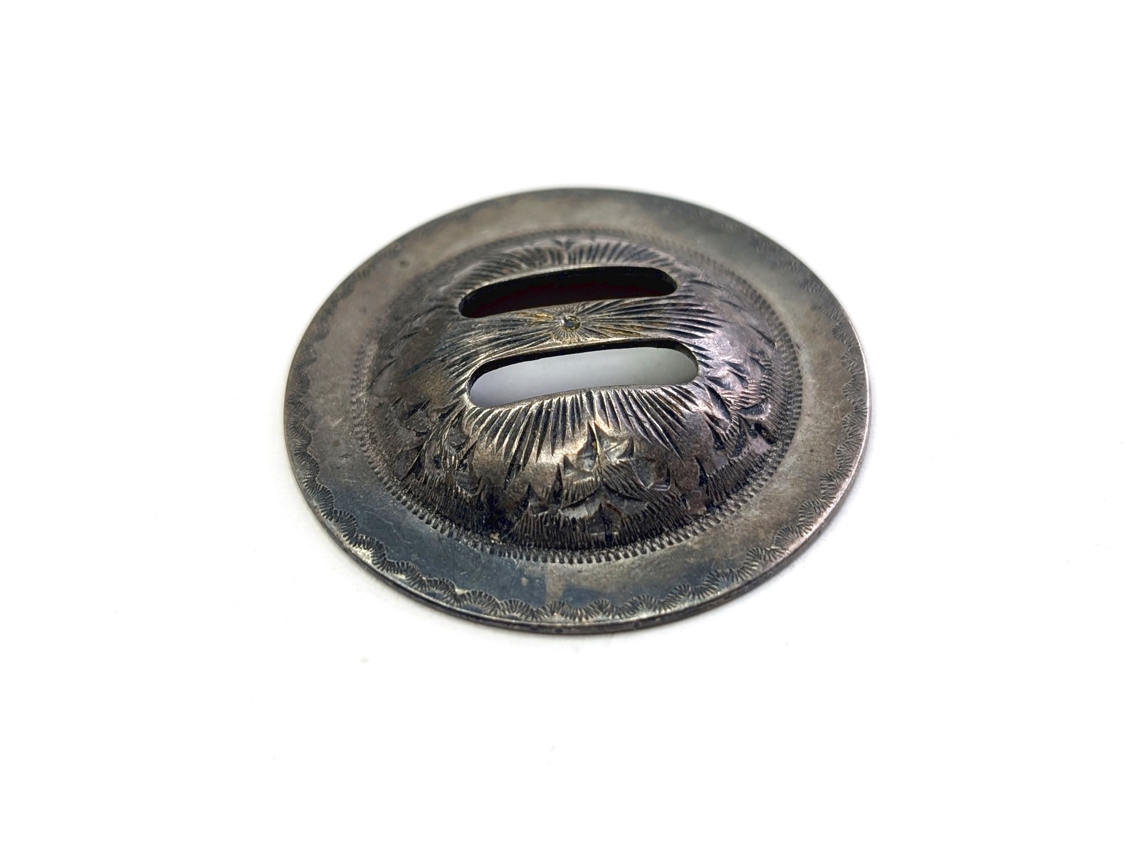 Antique Sterling Silver Hand Engraved Western Saddle Slotted Concho