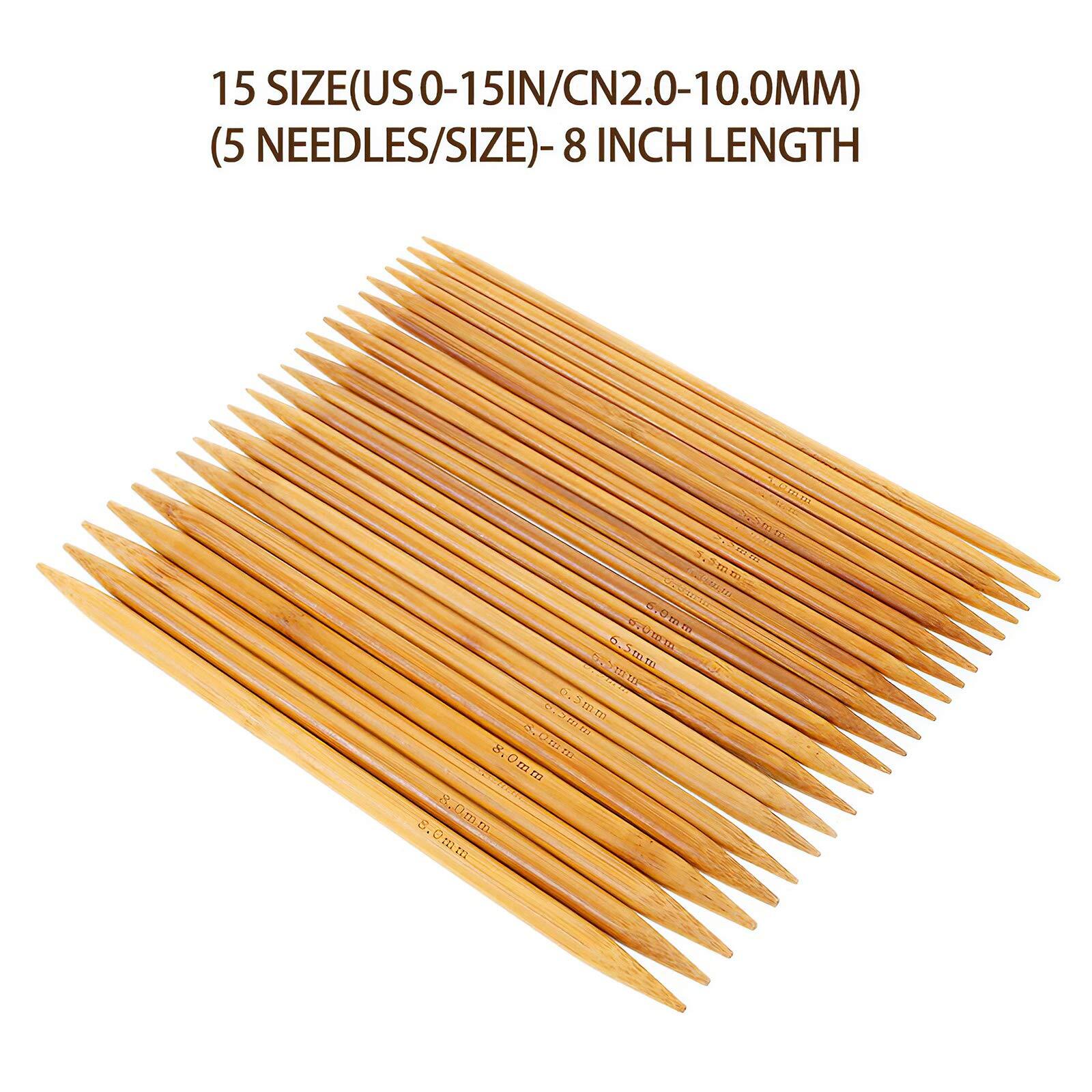 Double Pointed, 75 Pcs Bamboo Knitting Needles Set, 15 Sizes from 2.0mm-10.0mm