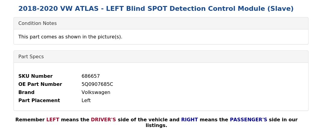 2018-2020 VW ATLAS - LEFT Blind SPOT Detection Control Module (Slave)