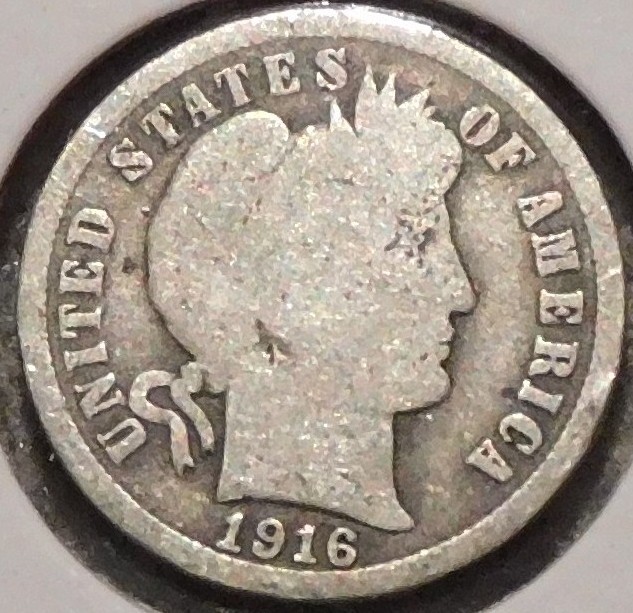 Silver Dime - Barber - 1916 (Rim dings, Reverse scratch.) [669]