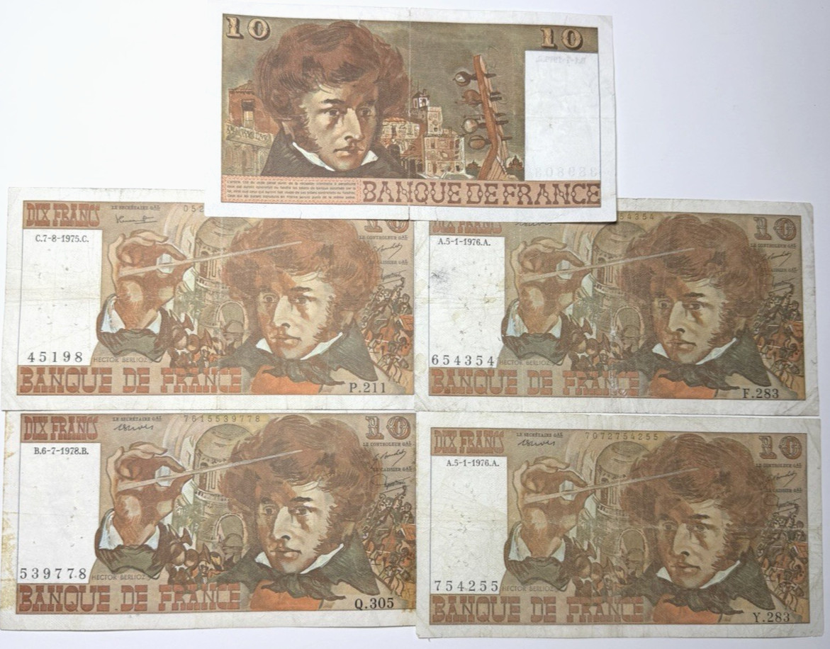 France 10 Francs 1970s 5 Banknote Collectors Set