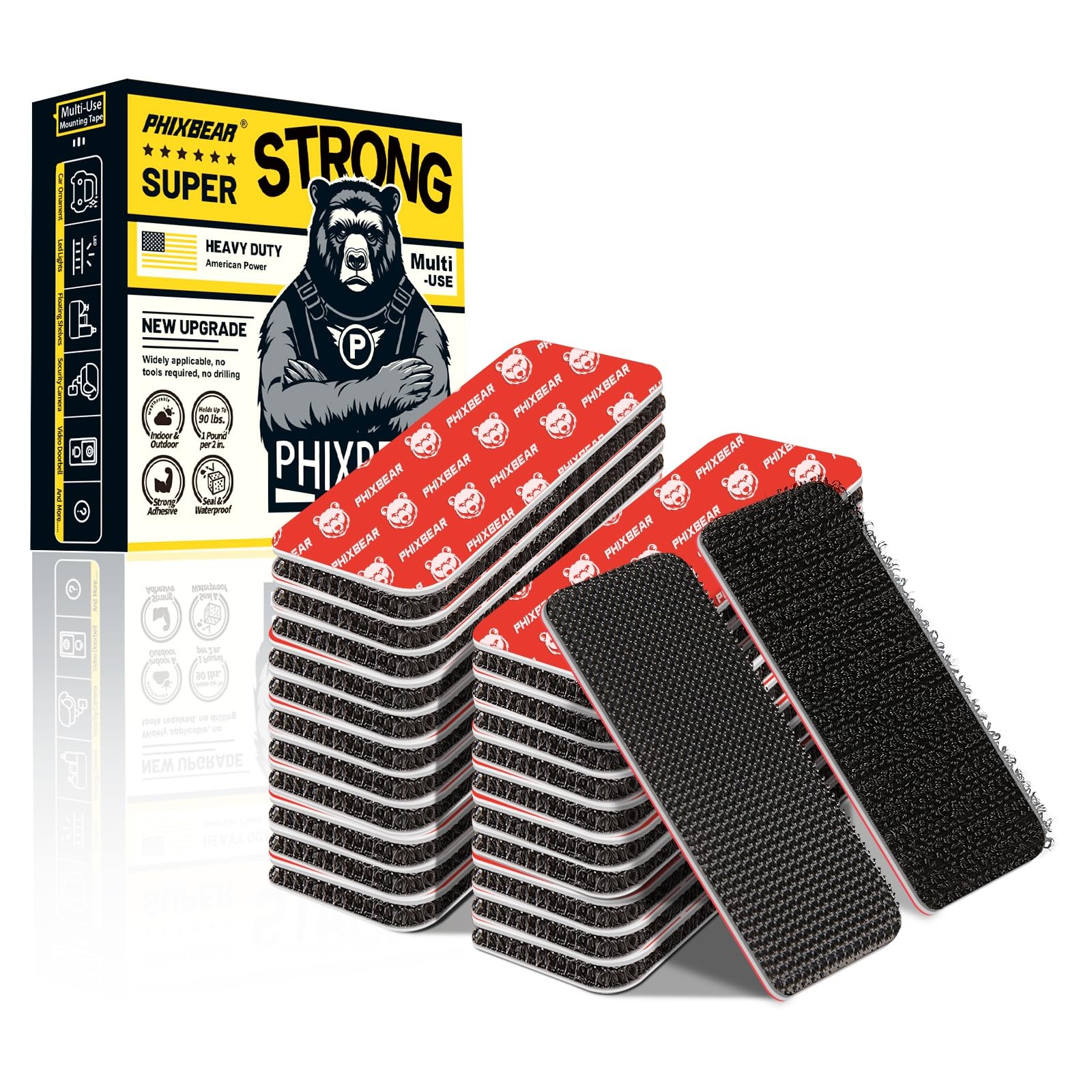 PHIXBEAR Heavy Duty Hook and Loop Strips with Adhesive, 1.18 x 3.15 in, 10 Pa...