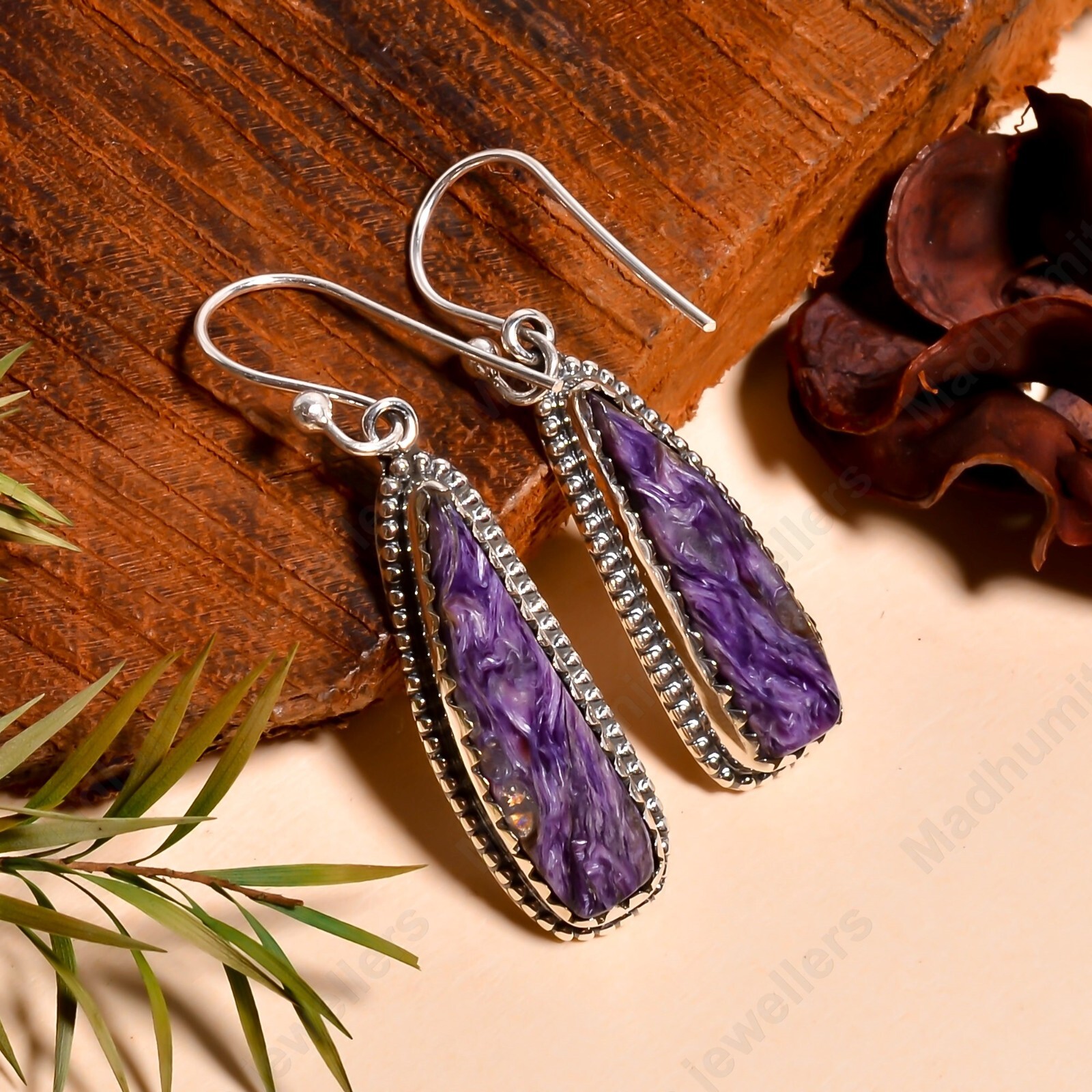 925 Sterling Silver Natural Purple Charoite Gemstone Dangle Earring Gift Jewelry
