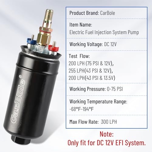 Universal Electric External Inline Fuel Pump, 12V 300LPH High Flow Rate, with