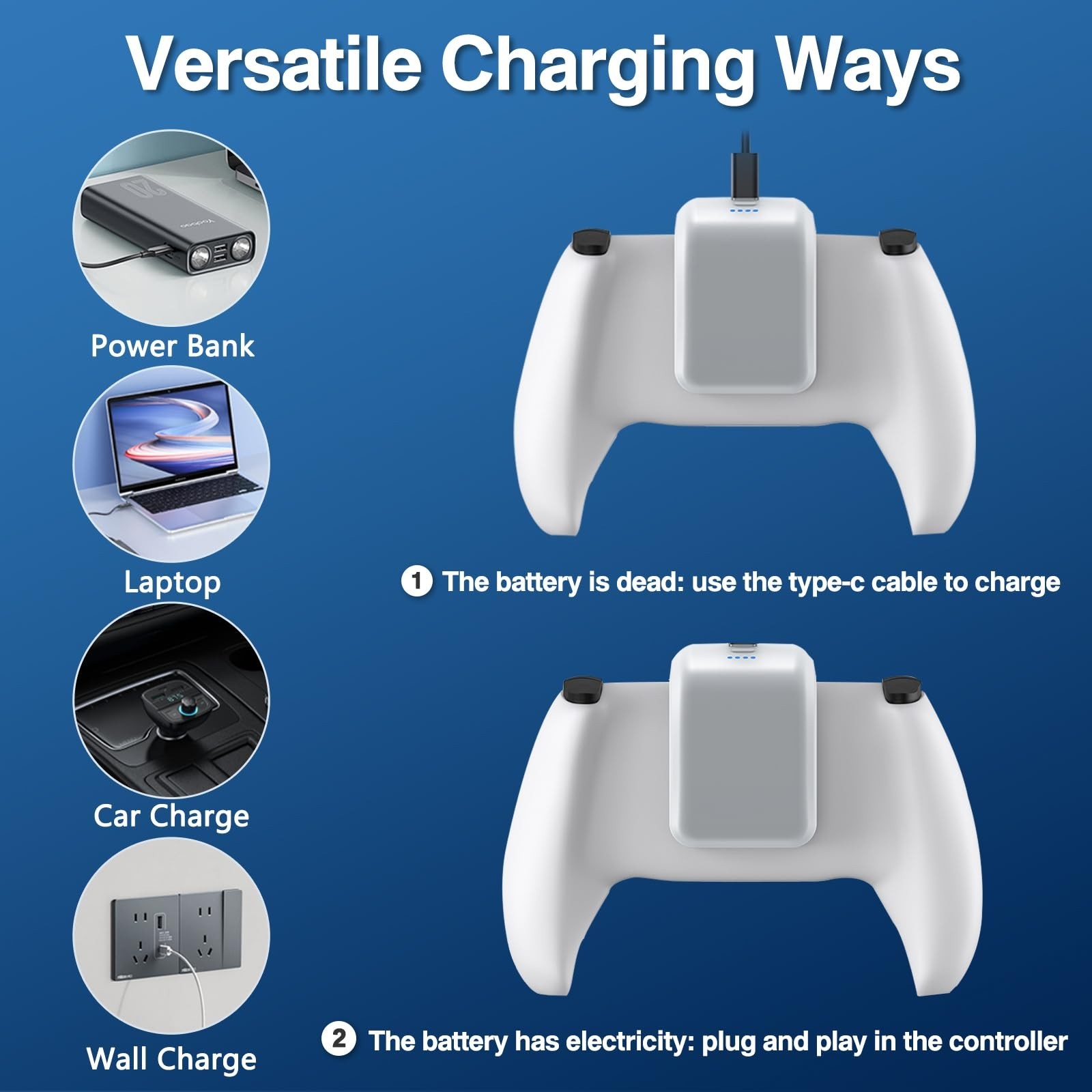 2X 3000mAh PS5 Controller Battery Pack - External Replacement & USB-C Charger