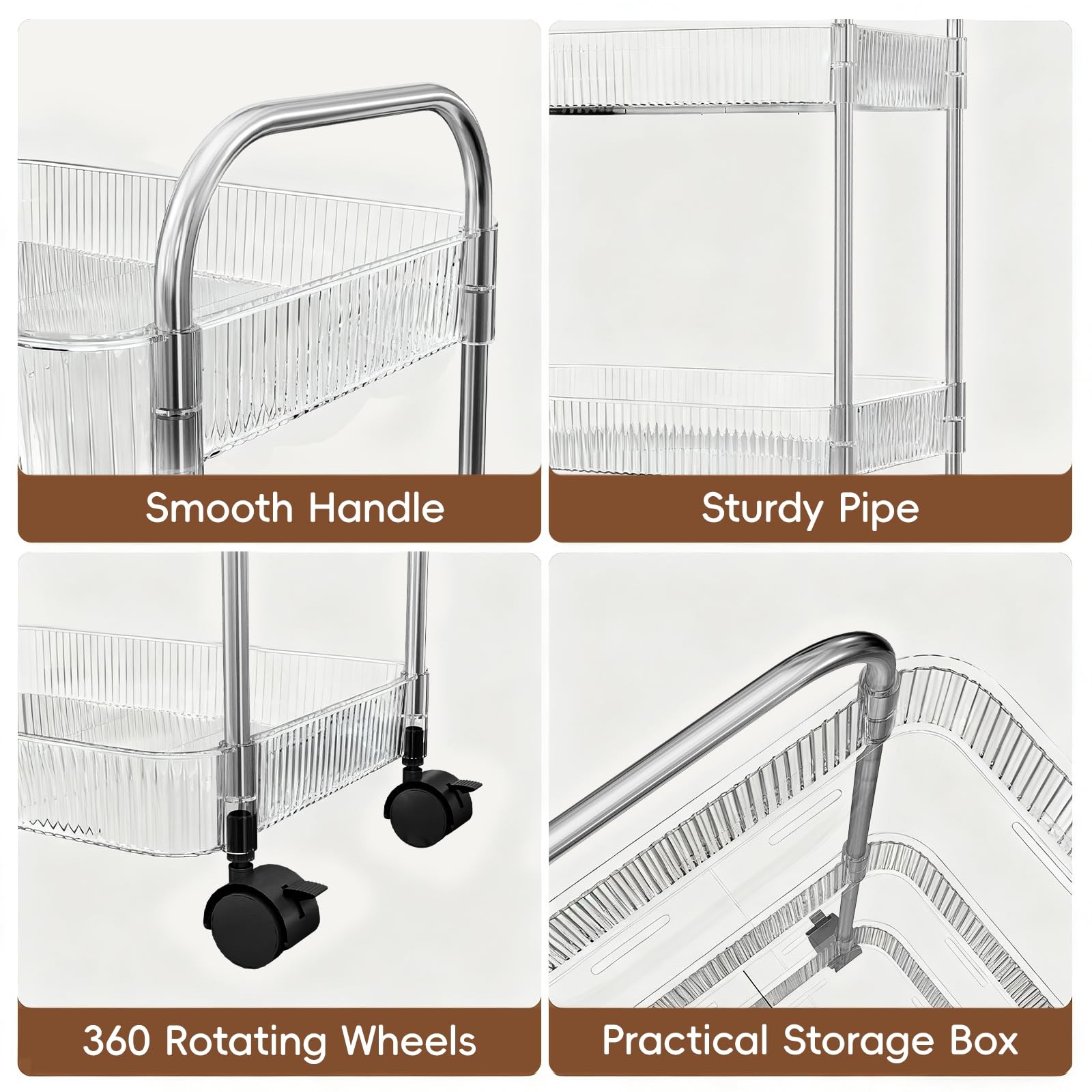 3 Tier Rolling Cart with Lockable Wheels, Clear Acrylic Utility Trolley with ...