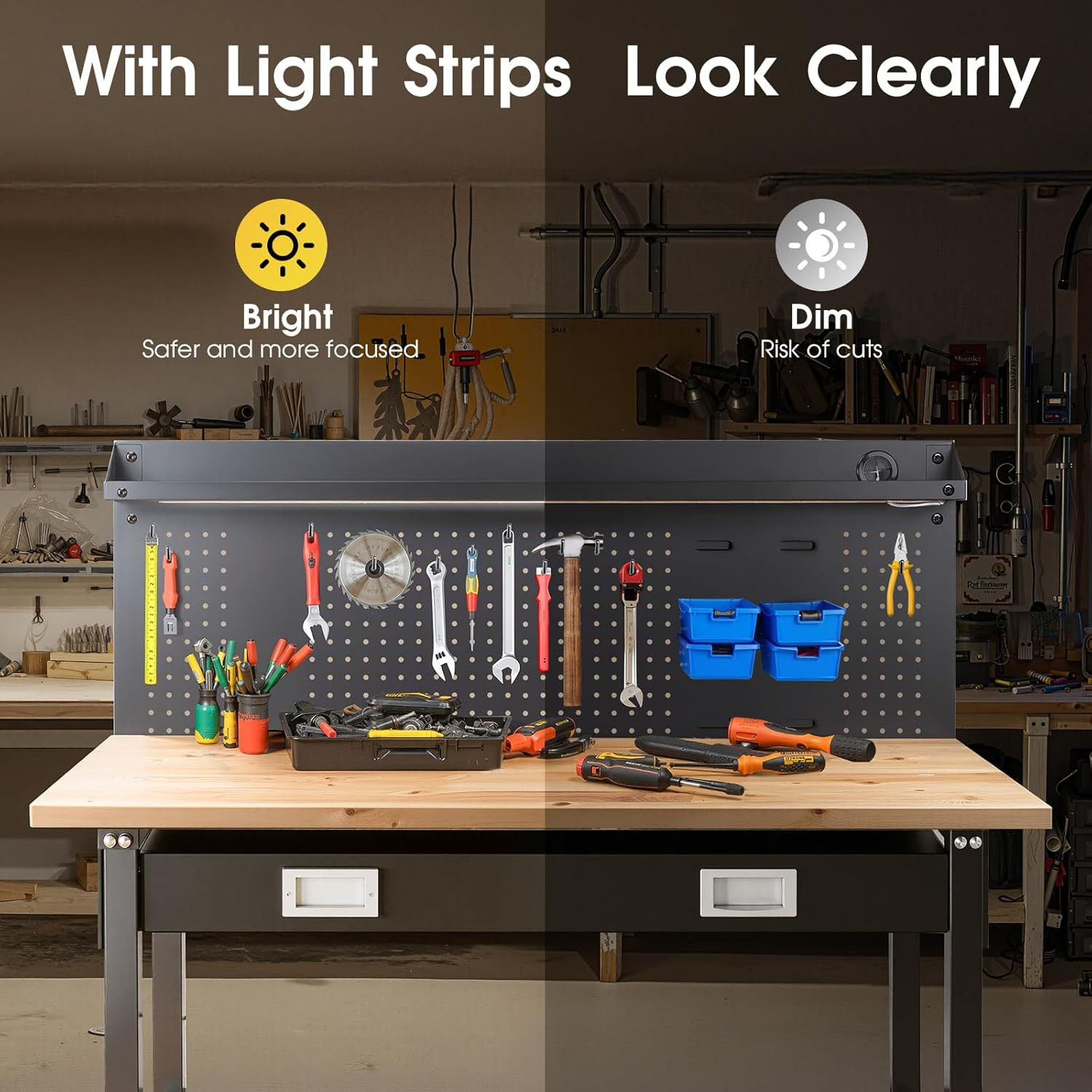 60" Adjustable Work Bench with Drawers, Workbench for Garage with Strip Light, W