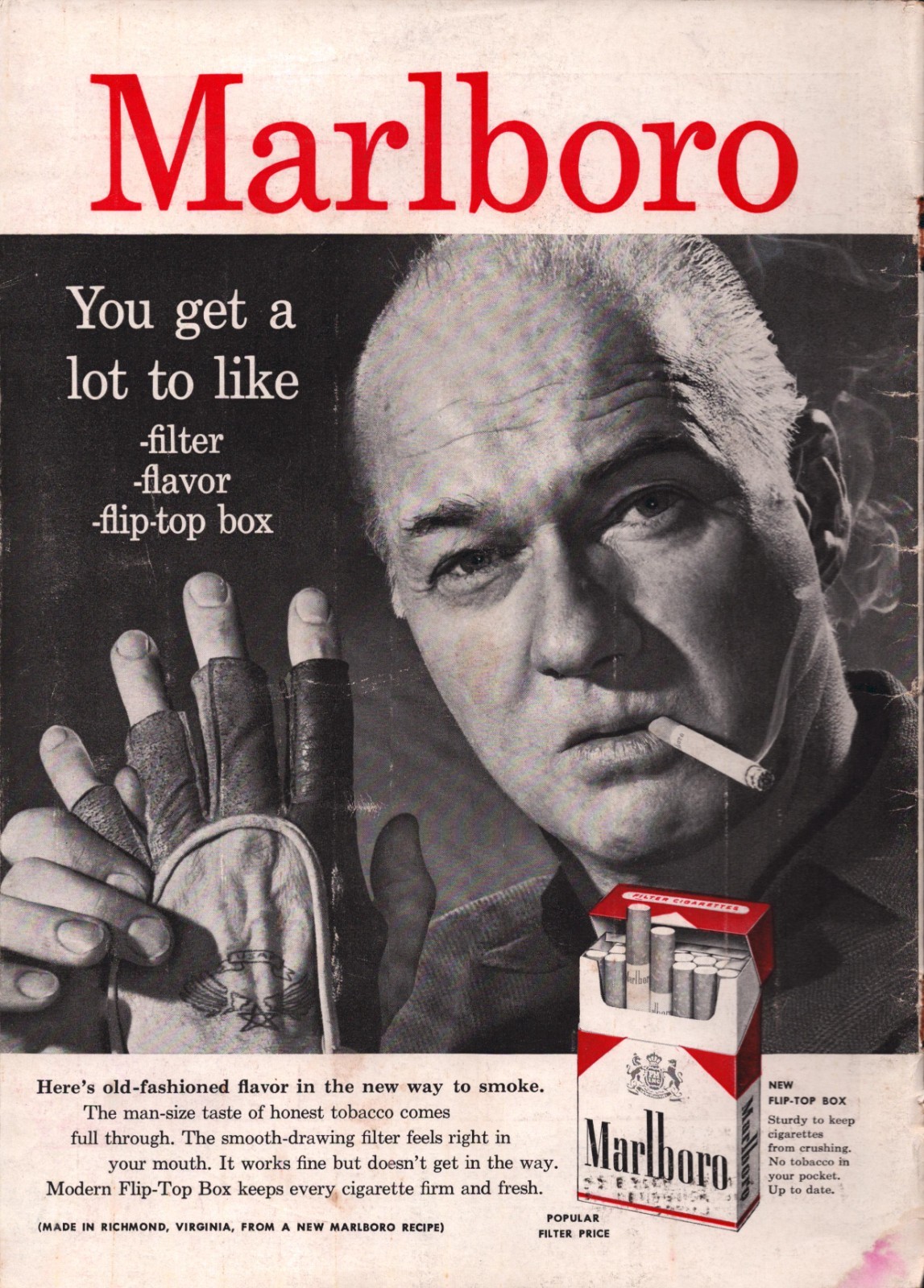 1957 Vintage Print AD - Marlboro Cigarettes New Flip Top Box Tough Guy Wall Art