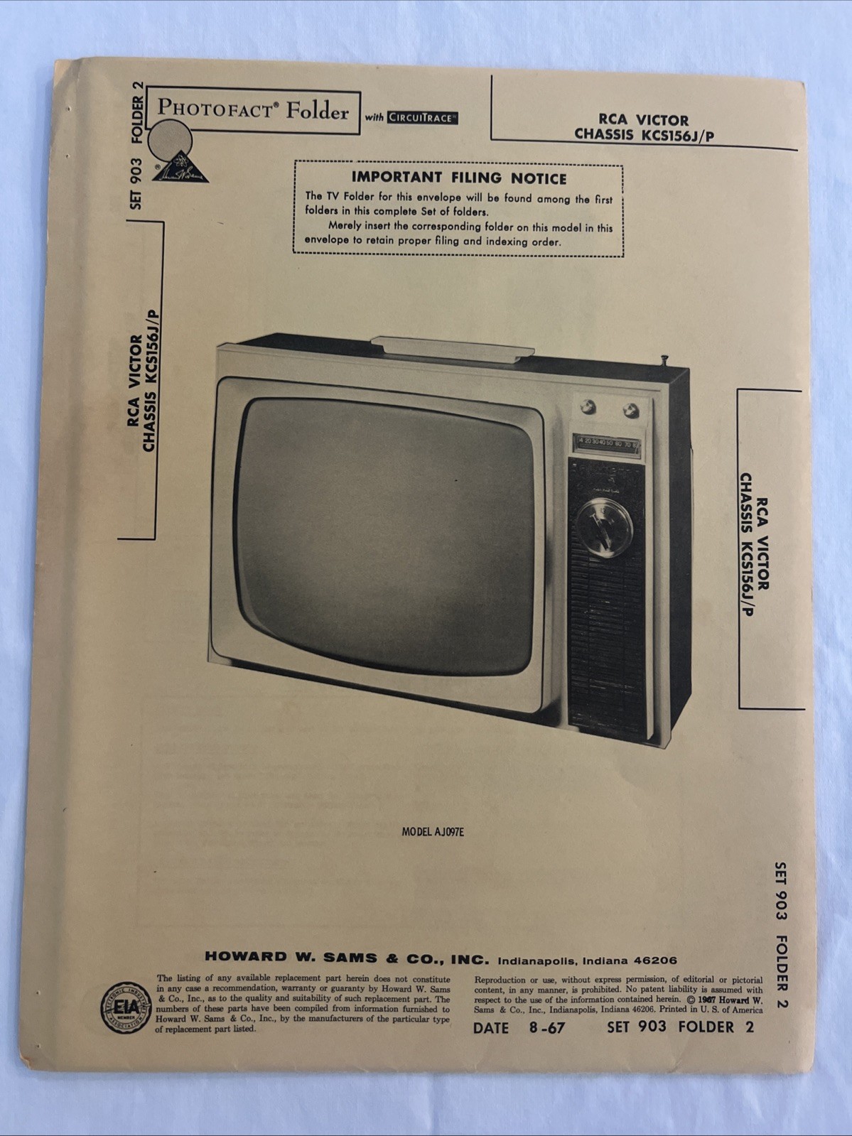 Vintage Sams Photofact Schematic 8-1967 RCA VICTOR CHASSIS KCS156J/P