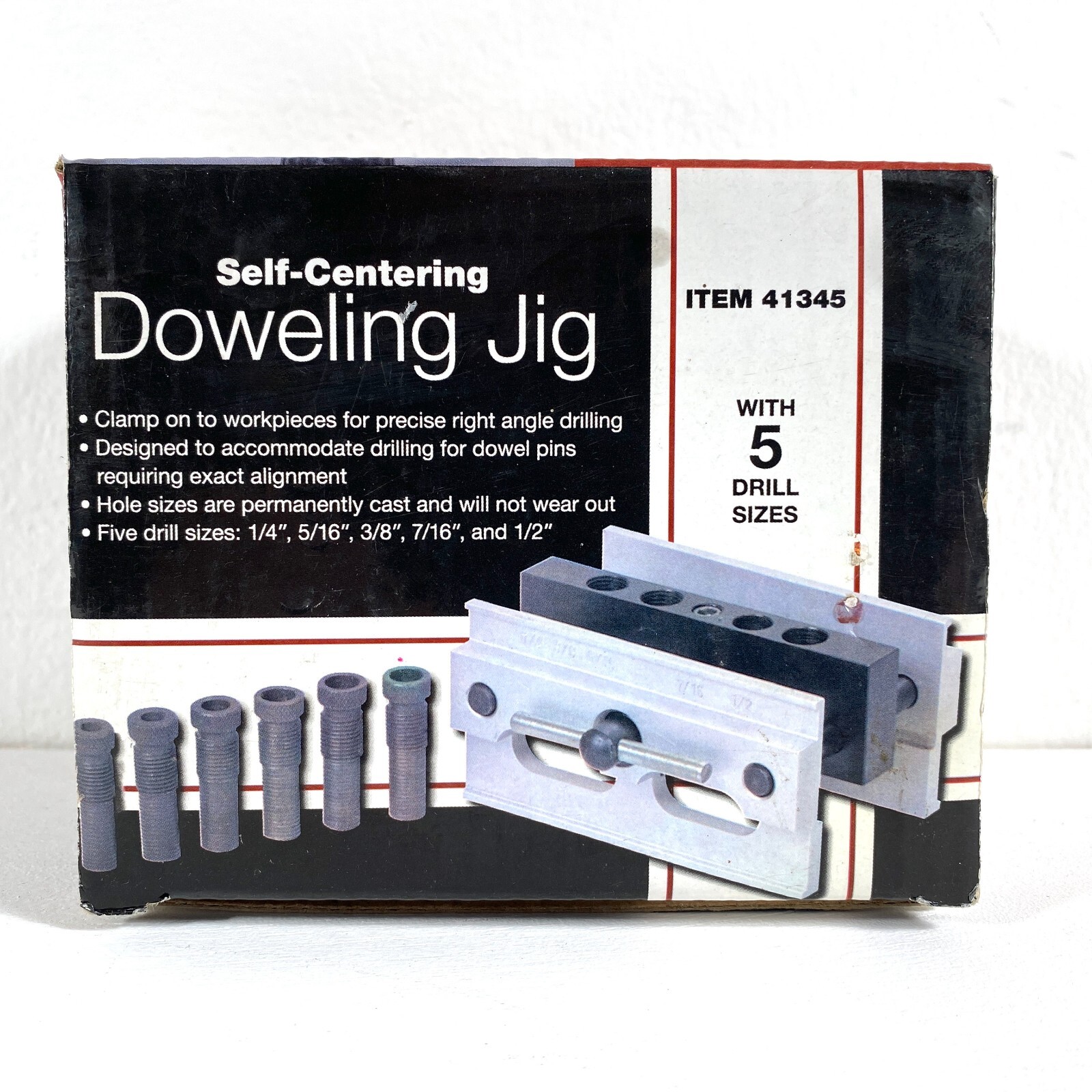 DOWELING SELF-CENTERING JIG 41345 ~ Dowel Clamping Jig ~ 5 Drill Sizes  Open Box