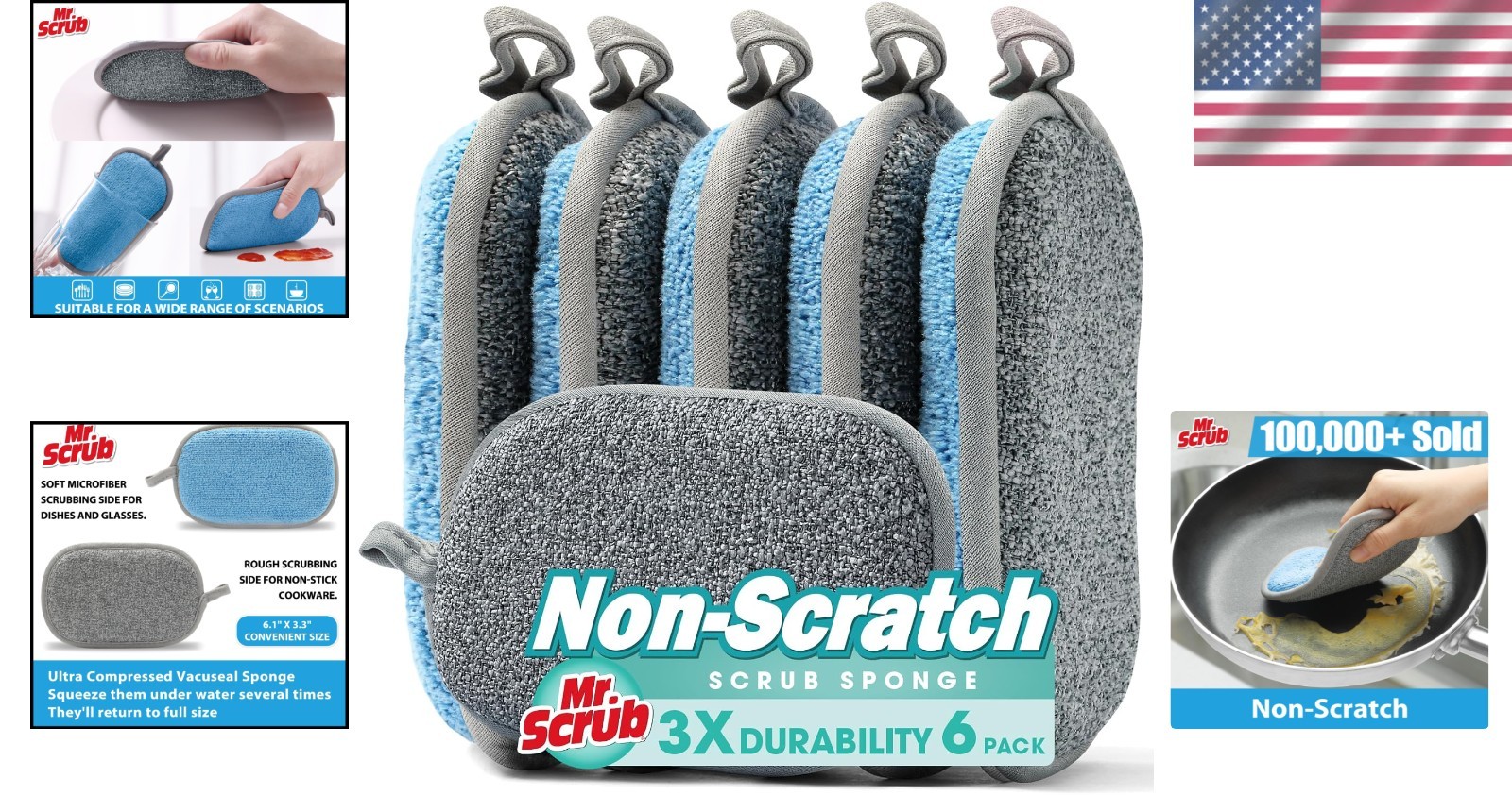 Gentle Non-Scratch Microfiber Sponges - 6 Pack for Effortless Kitchen Cleaning