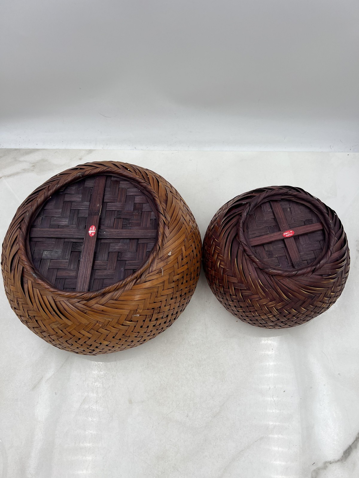 Handwoven Rattan Bamboo Wicker Basket Bowl Set Pair Nesting Boho Decor Round