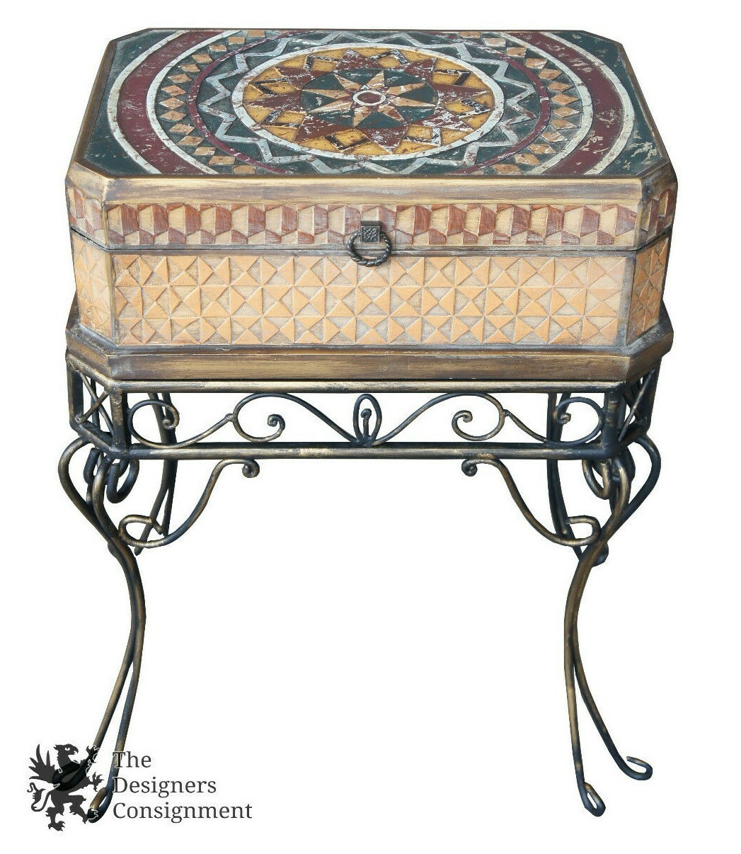 Faux Stone Sunburst Mosaic Trinket Box On Stand Accent Table Humidor Tea Caddy