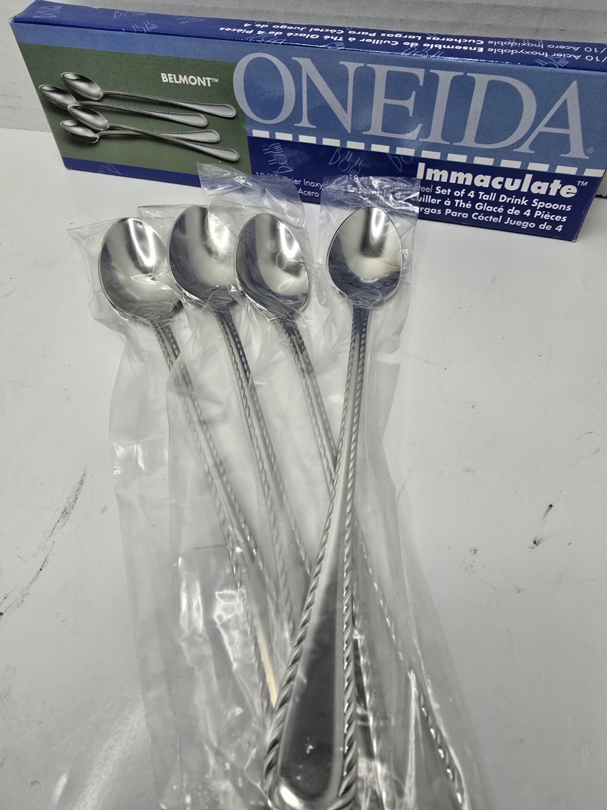ONEIDA Belmont Immaculate Stainless Steel Tall Drink Spoons of 4  NEW