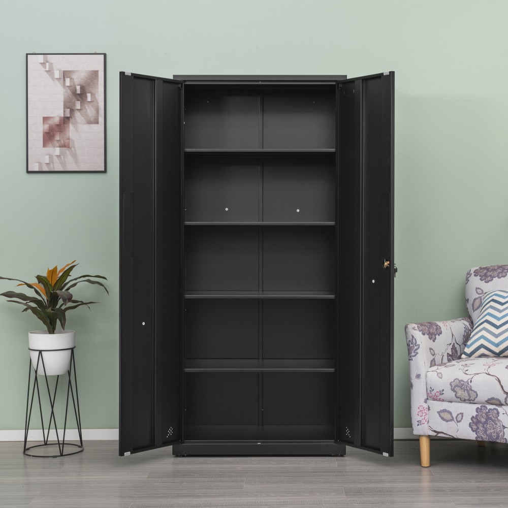 High Storage Cabinet W 2 Doors 4 Partitions Separate 5 Storage Spaces