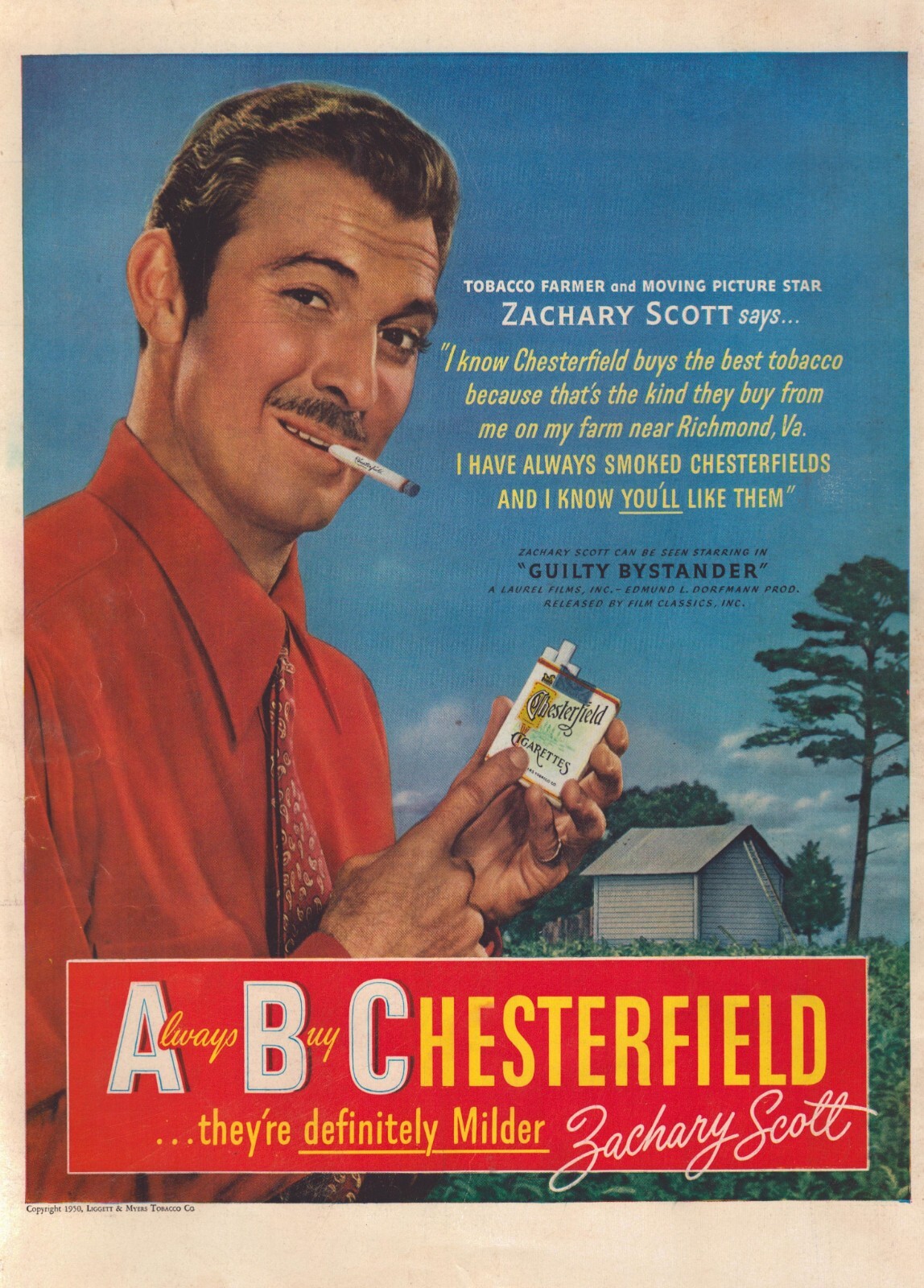 1950 Chesterfield Cigarettes Print Ad Actor Zachary Scott Guilty Bystander Film