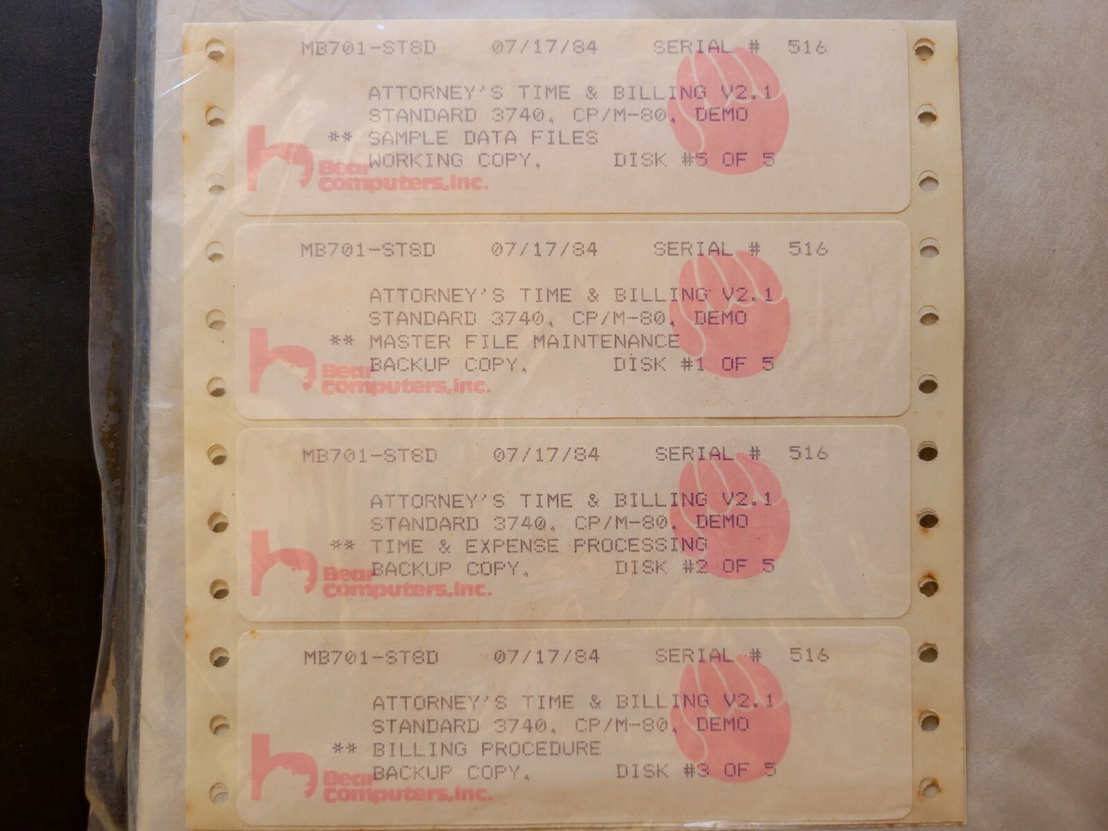 Vintage Attorney's Time & Billing V2.1 Software - 8" Disks 1984 Bear Computers
