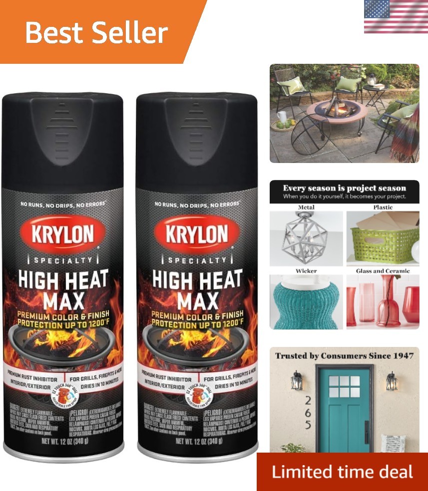 High Temperature Black Gloss Spray Paint - Dual Pack, 12oz for BBQs & Fire Pits