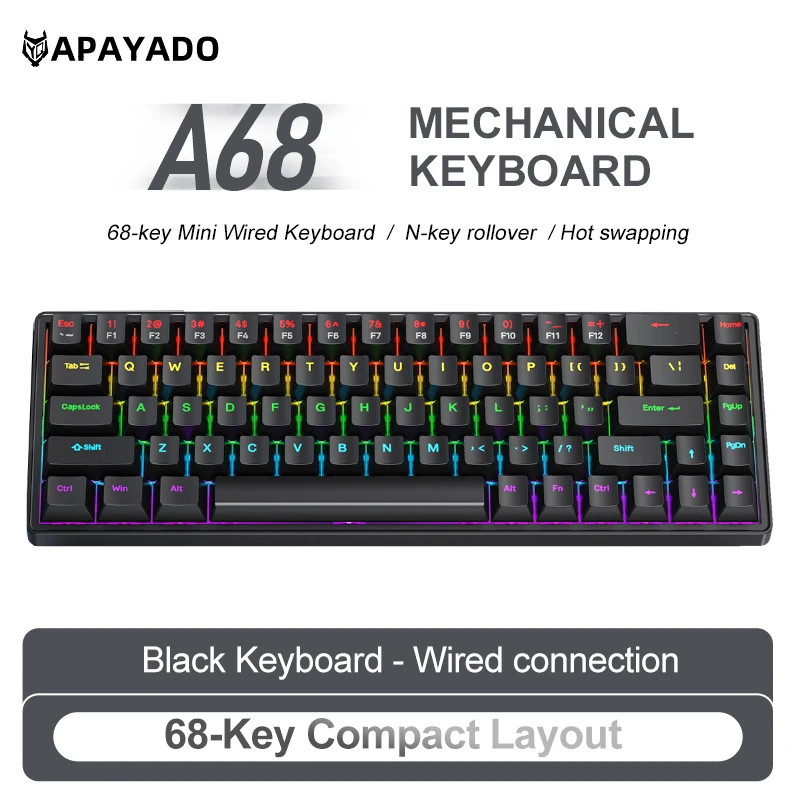 A68 Wired Mechanical Keyboard RGB Backlight,Fully Hot-Swappable Keys,Abs Keycaps