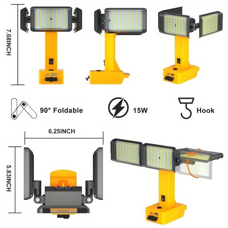 LED Work Light for Dewalt 20V/18V Battery, Cordless 3-Head Adjustable Flashlight