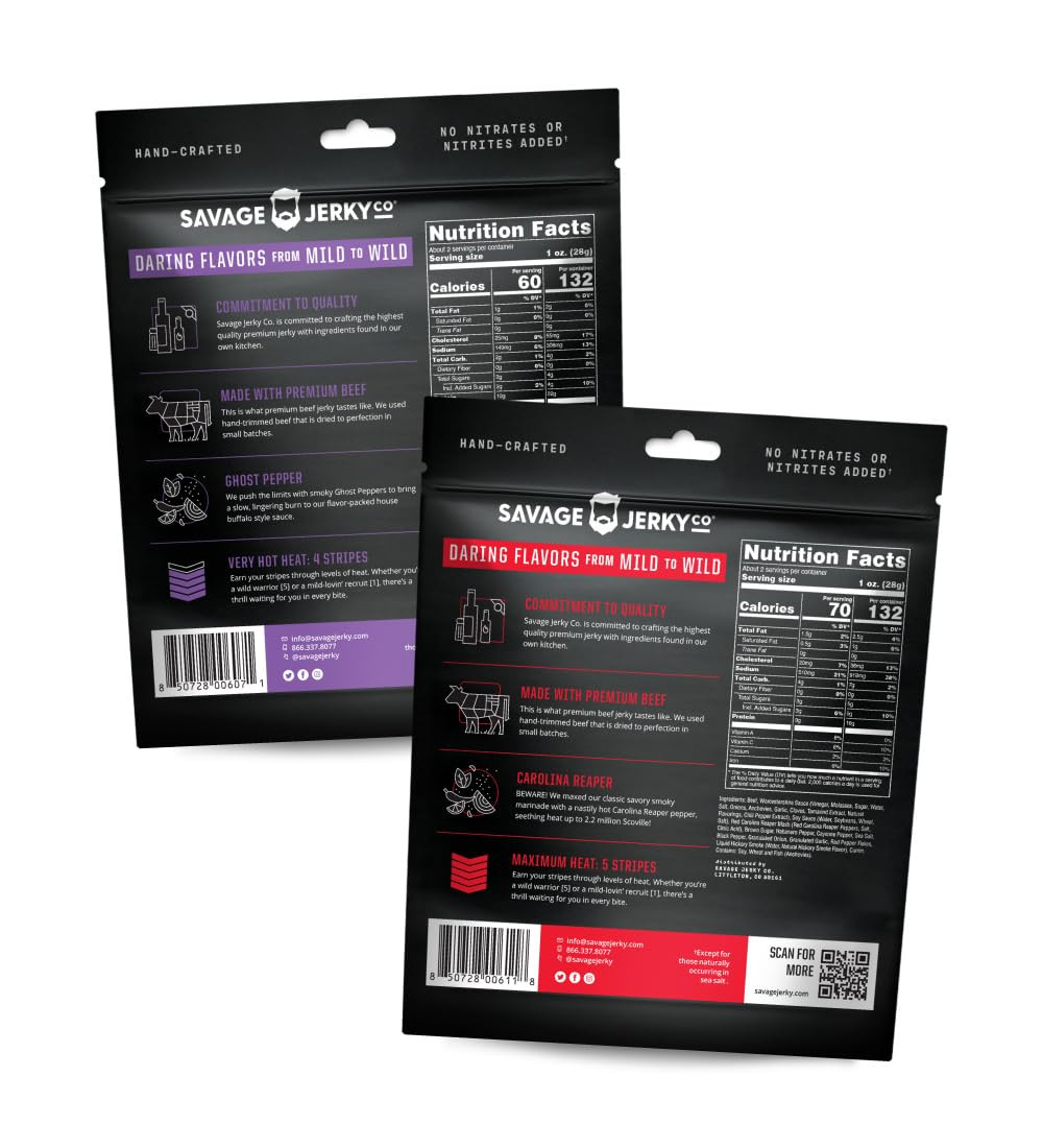 Savage Jerky Premium Ghost Pepper and Reaper Beef Jerky Spicy Bundle - Combo Pac