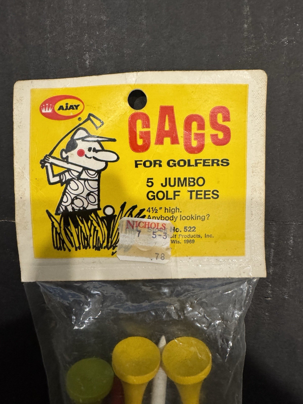 Ajay 1950’s NOS 5 Jumbo Golf Tees Cartoon Funny Gag Gift 4.5” Tall Masters