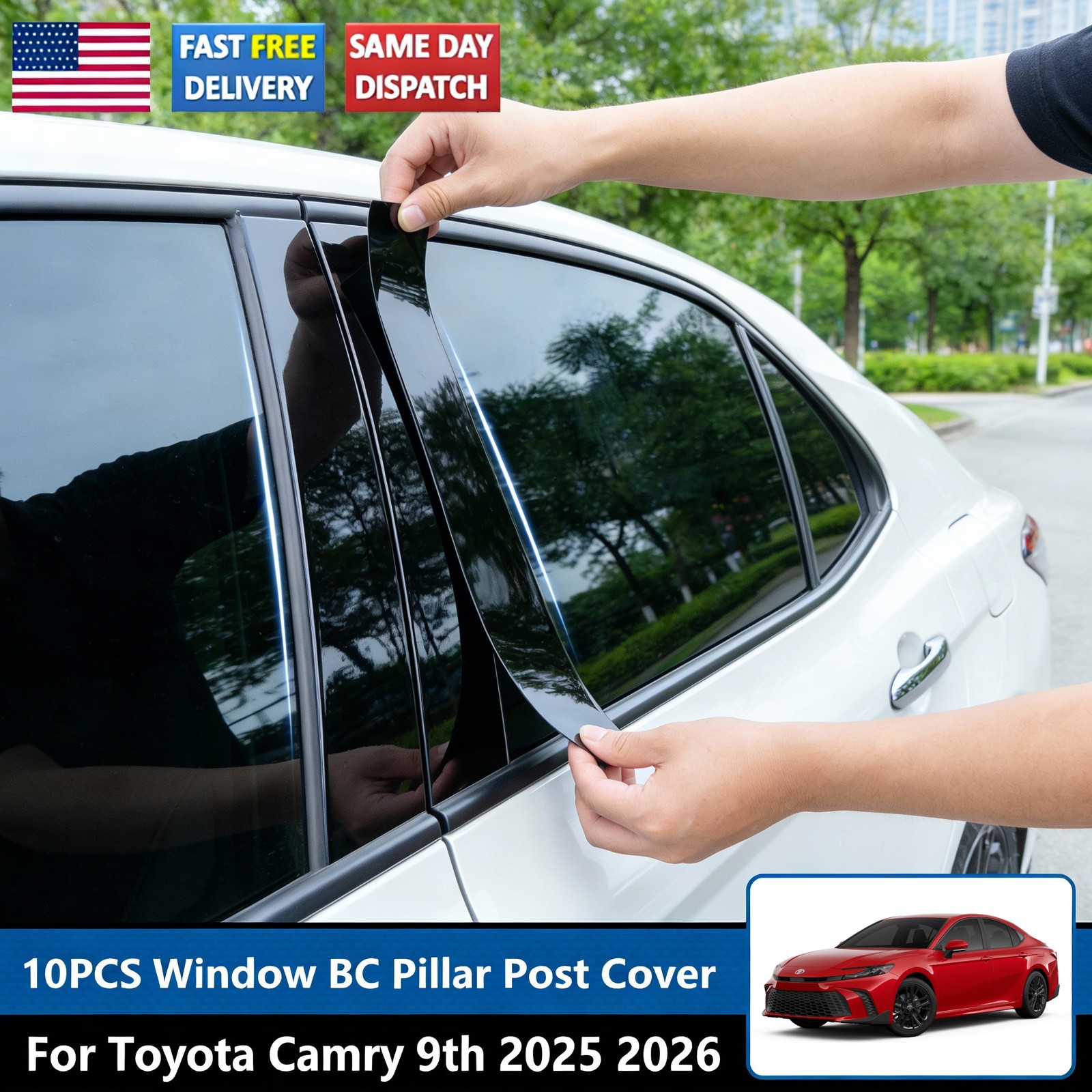 10pcs Glossy Black PC Window BC Pillar Post Cover Trim For Toyota Camry 2025