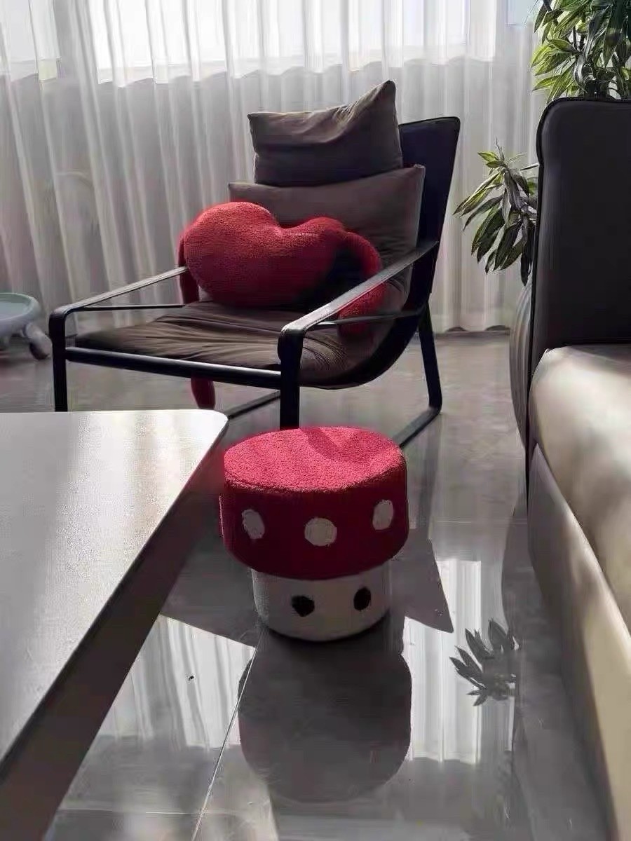 Mushroom Polka Dot Indoor Stool Red White Black 11x12x8 in Plush Ottoman Seat