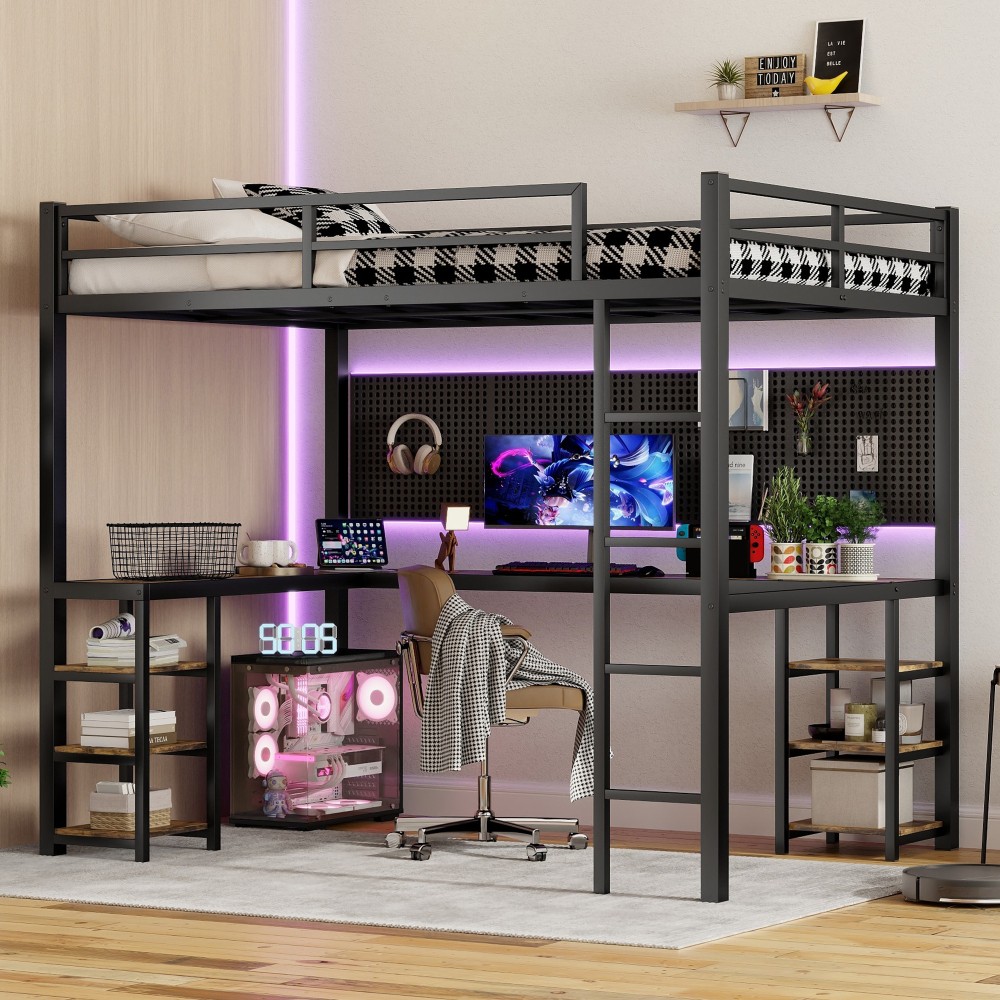 Full XL Metal Loft Bed with Desk and Shelves,Loft Bed with Ladder and Guardrails