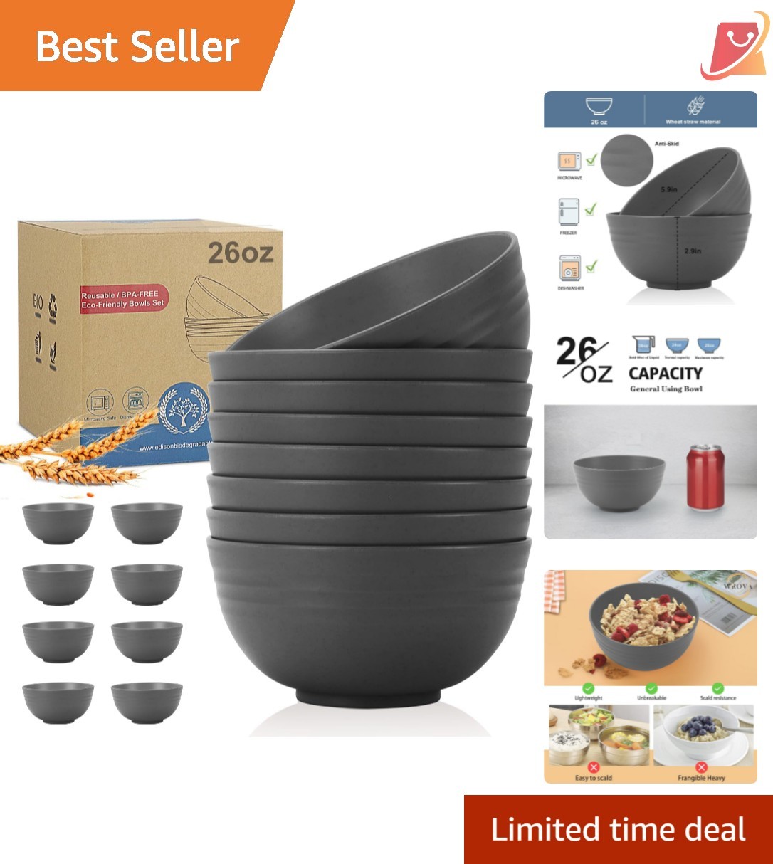 Wheat Straw Bowls Set 8Pcs 26Oz Unbreakable Microwave Dishwasher Safe Camping