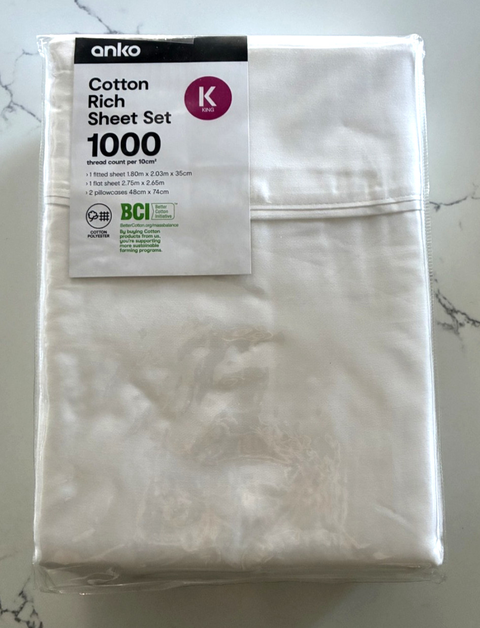 Anko King Bed Sheet Set White 1000 Thread Count Cotton Rich NEW Sealed