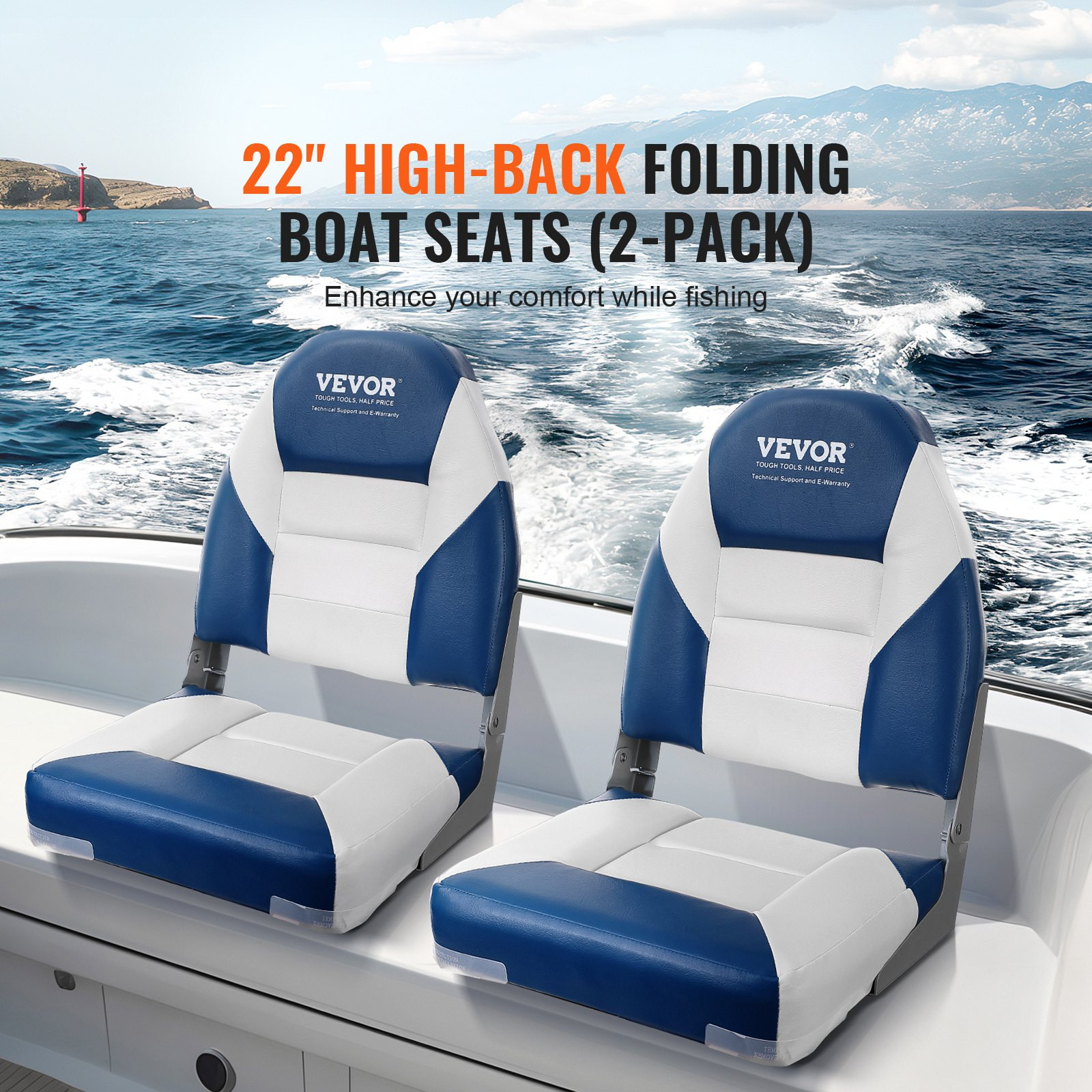 VEVOR Boat Seats, 21.85" High Back Boat Seat, Folding Boat Chair with Thickened