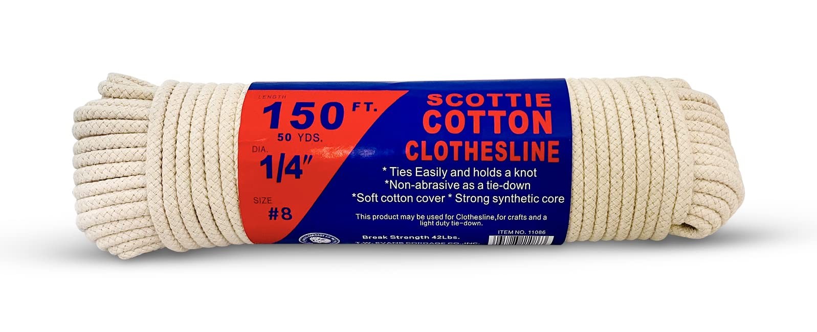 #8 1/4" x 150 ft Scottie Cotton Clothesline, White 1/4 Inch,