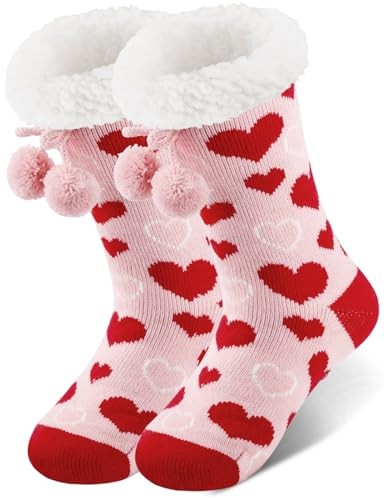 Women Slipper Fuzzy Socks, Non Slip Winter Warm Fluffy One Size Pink Red-love