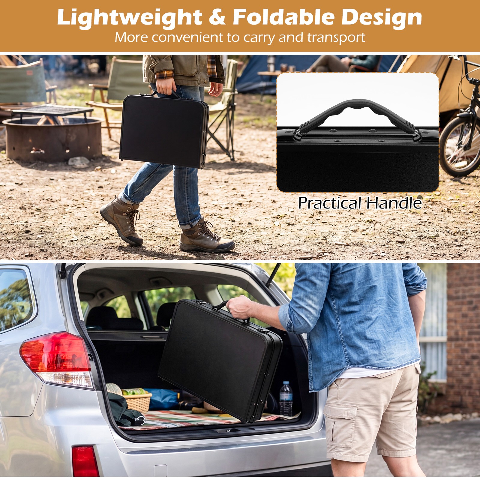2 FT Small Folding Camping Table w/3 Adjustable Heights Storage Net Carry Handle