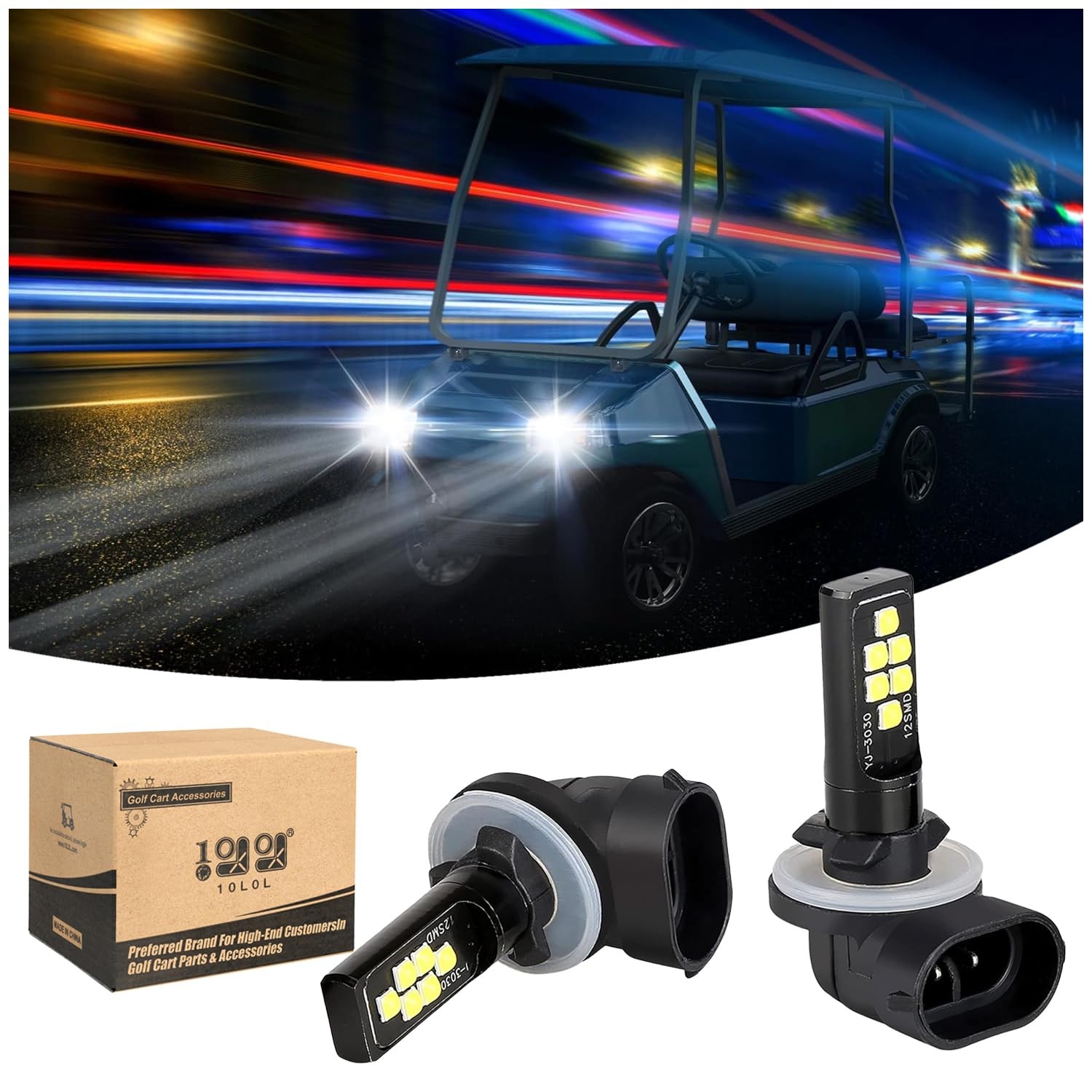 10L0L Golf Cart Headlights Bulb for EZGO 1994-up, Club Car DS 1999-up black