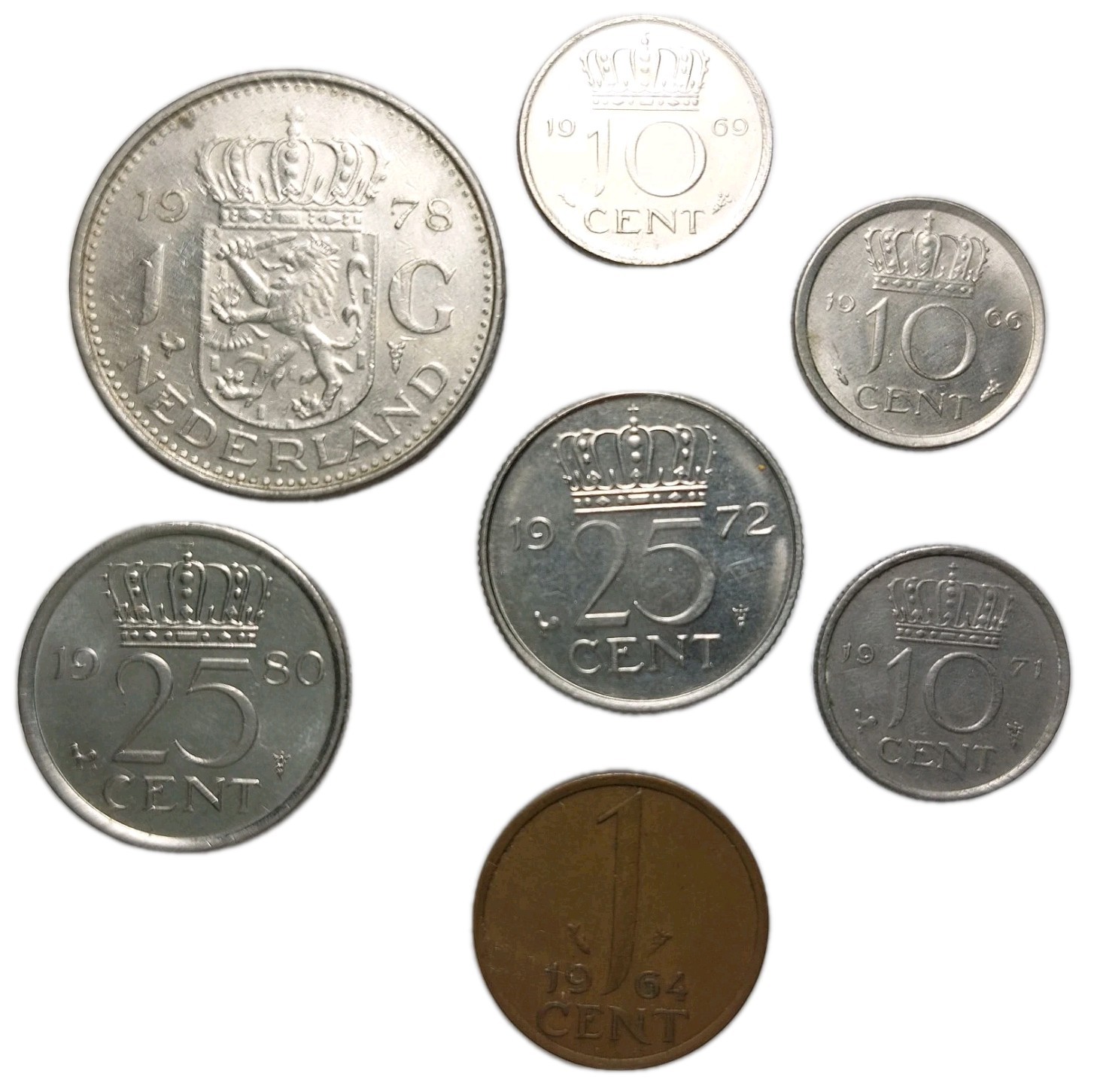 Netherlands Lot Of 7 Coins 1964–1980 Mixed 1 Gulden 25 10 1 Cent Dutch Coin