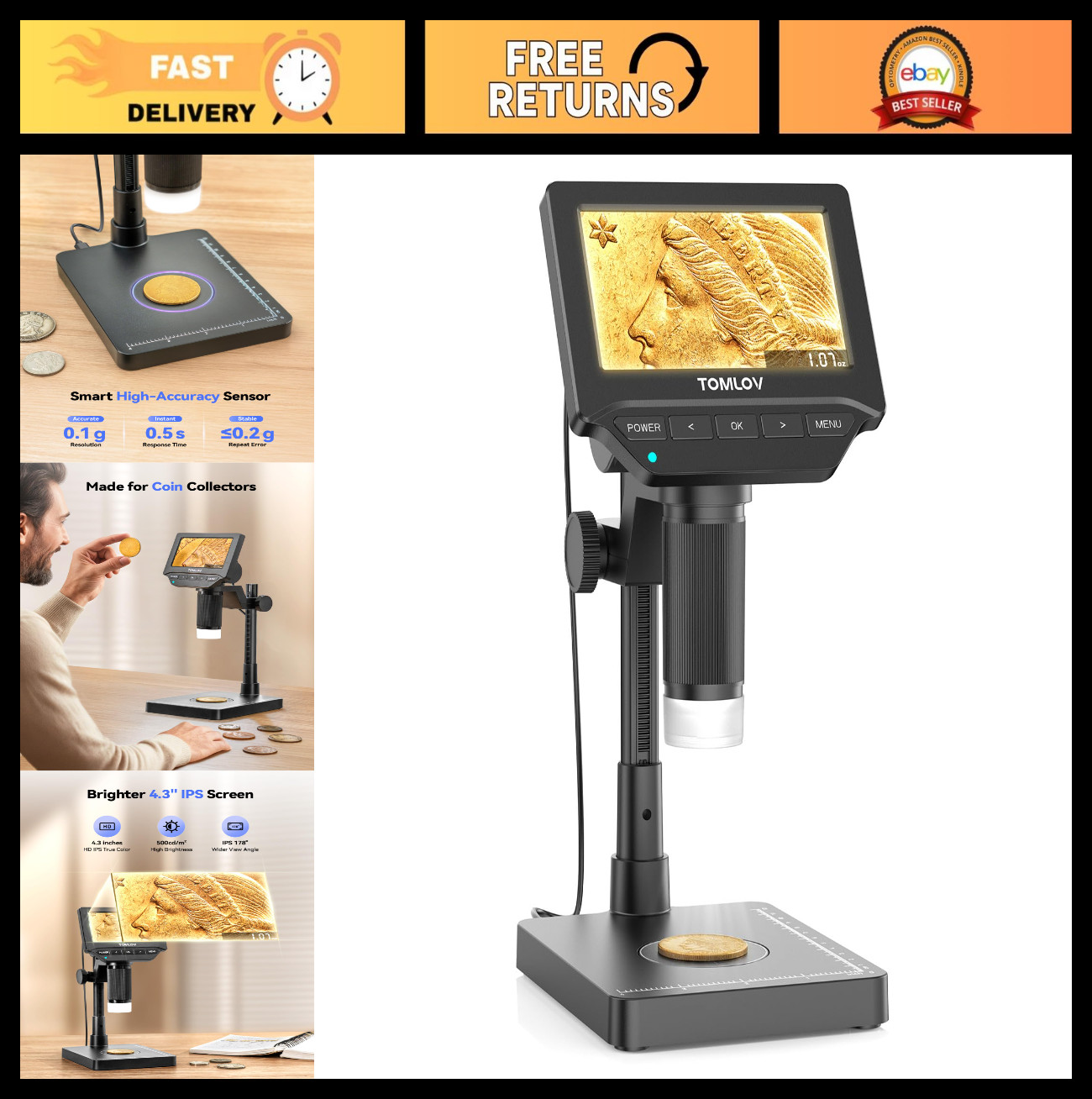 4.3" Digital Coin Microscope with Scale, Error Coin Magnifier, LED Lights, USB C