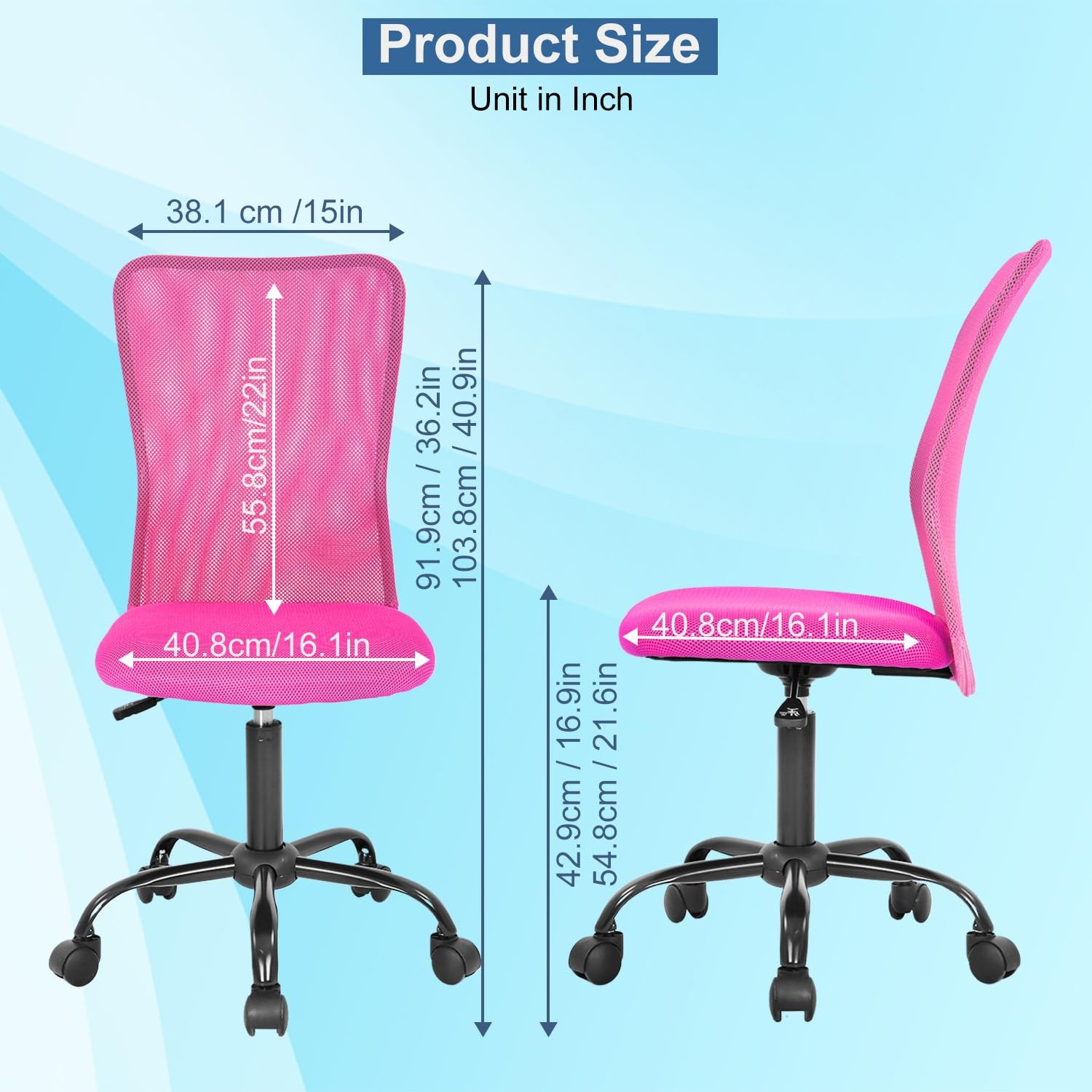 Armless Office Chair Back Support Adjustable Height w/ Wheels