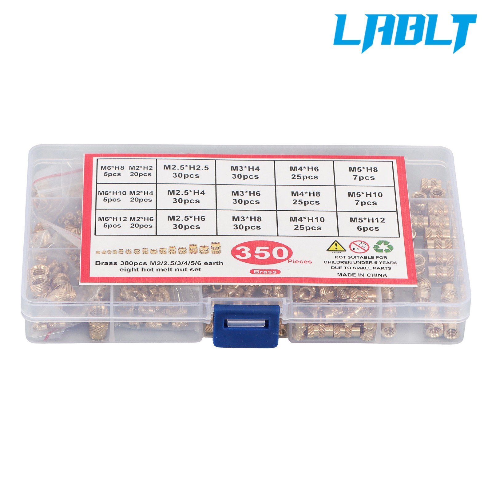 LABLT M2/M2.5/M3/M4/M5/M6 threaded inserts assortment kit Brass Total 350Pcs