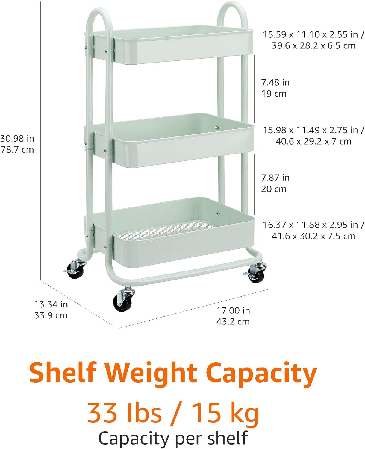 Basics 3-Tier Metal Rolling Utility or Kitchen Cart - Mint Green