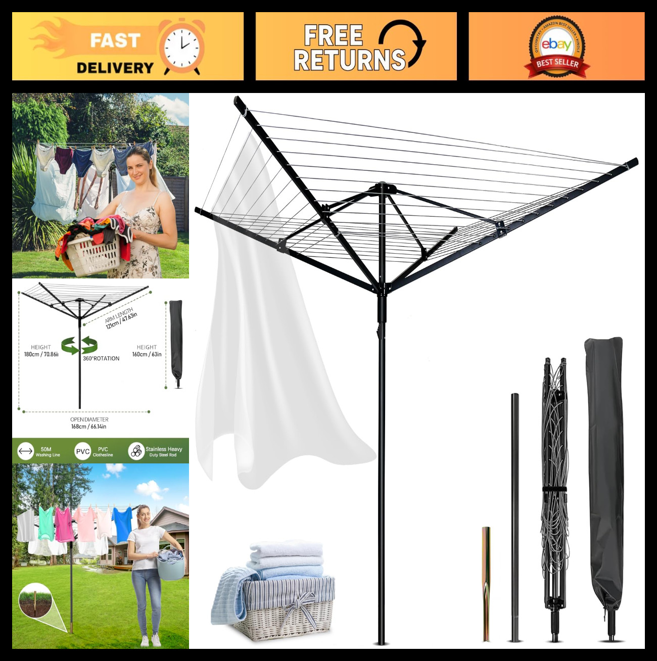 Adjustable Outdoor Rotary Drying Rack - 12 Lines, 165ft Space, Collapsible Cloth