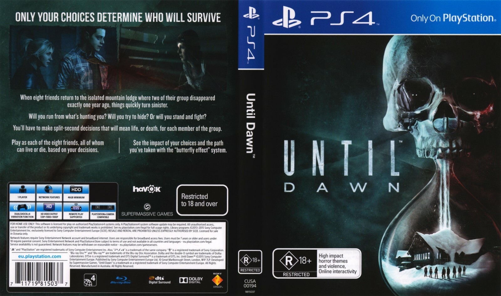 Until Dawn PS4 PAL Replacement Box Art Insert Inlay Cover Only