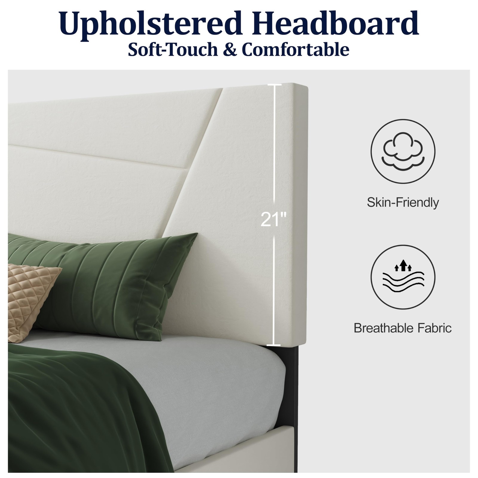 Full Size Bed Frame Platform with Velvet Upholstered Headboard, Geometric, St...