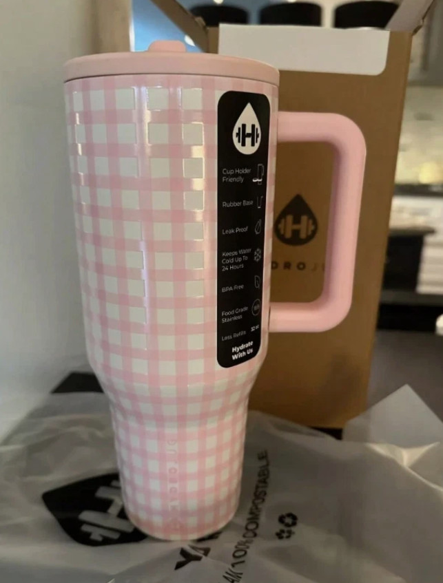 HydroJug 40oz Insulated Travel Cup With Handle Pink Checkered