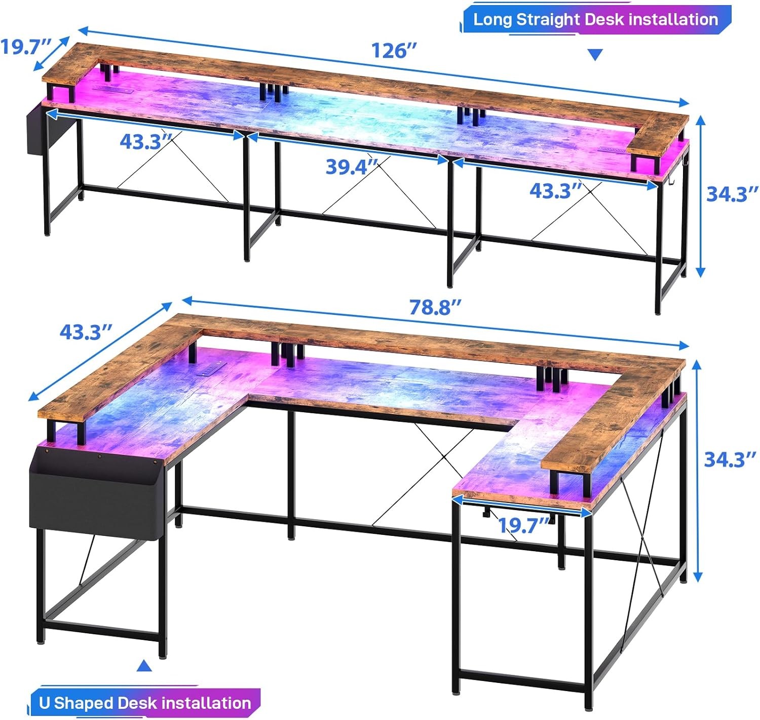 79" Reversible U Shaped Computer Gaming Desk L Shaped Office Desk Table