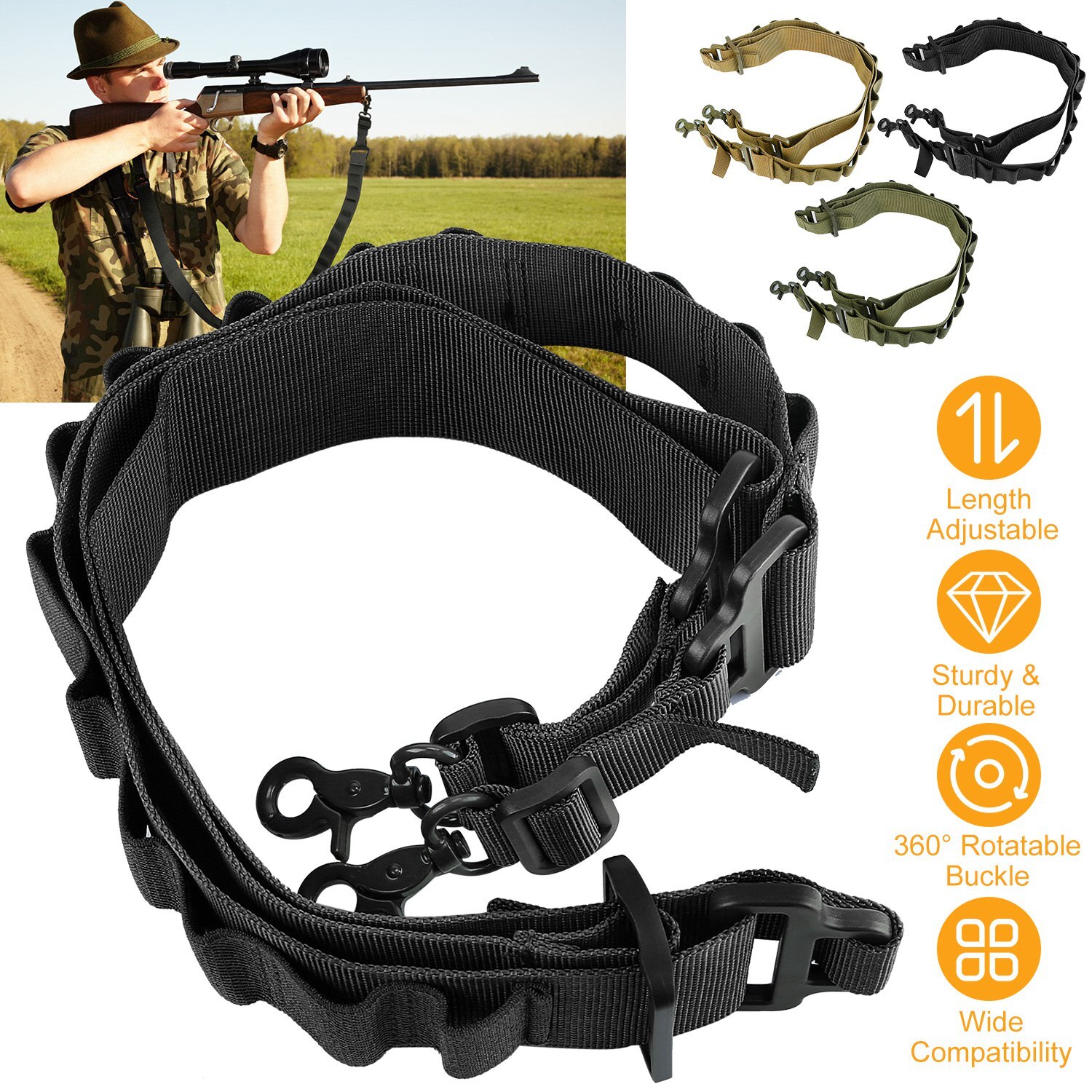 2 Point Sling & Swivel Rifle Shotgun Belts Gun Sling Strap w/ 15-Shell Holders
